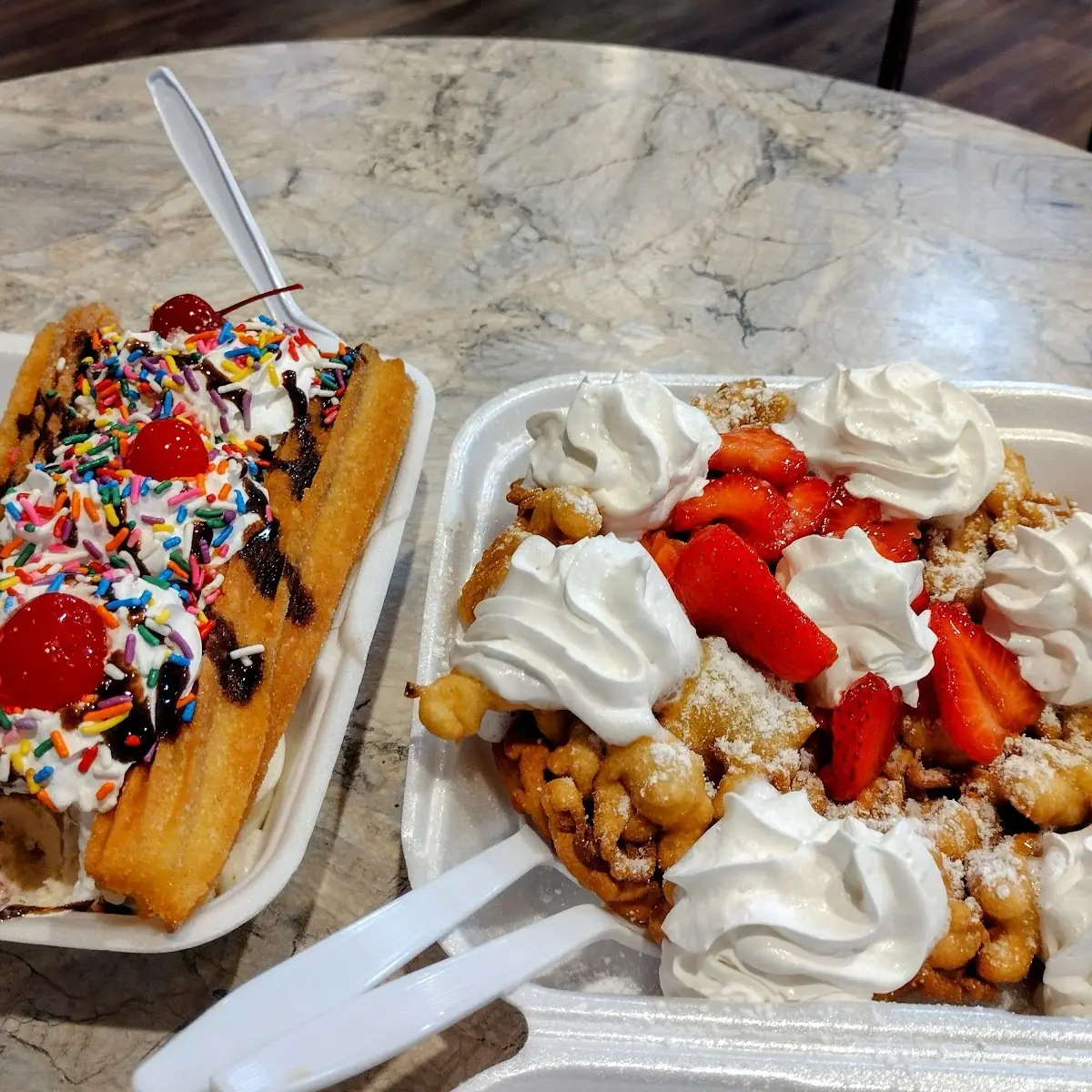 Churro Split and Traditional Funnel Cake