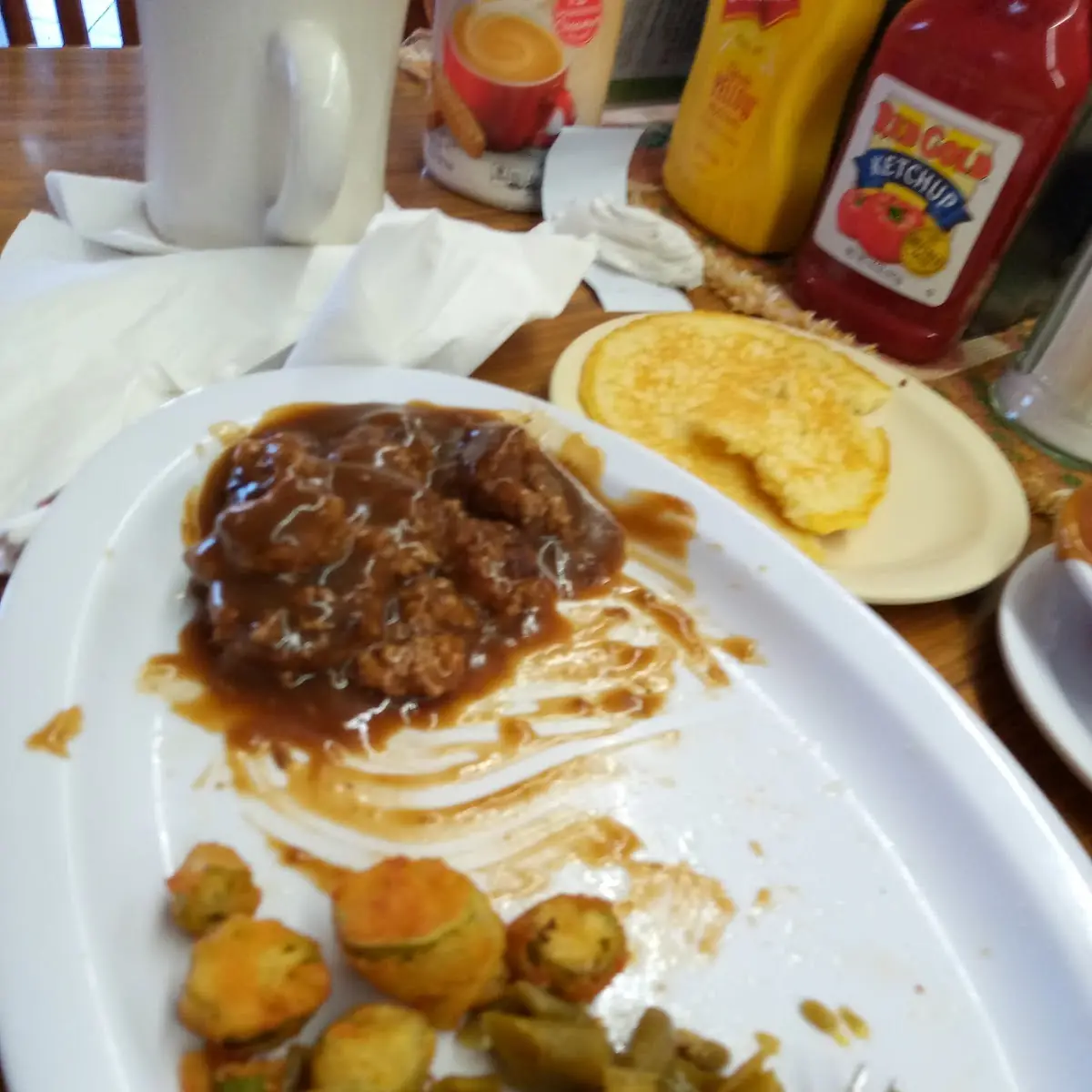 Hamburger Steak with Added Brown Gravy Fried Okra and Green Beans