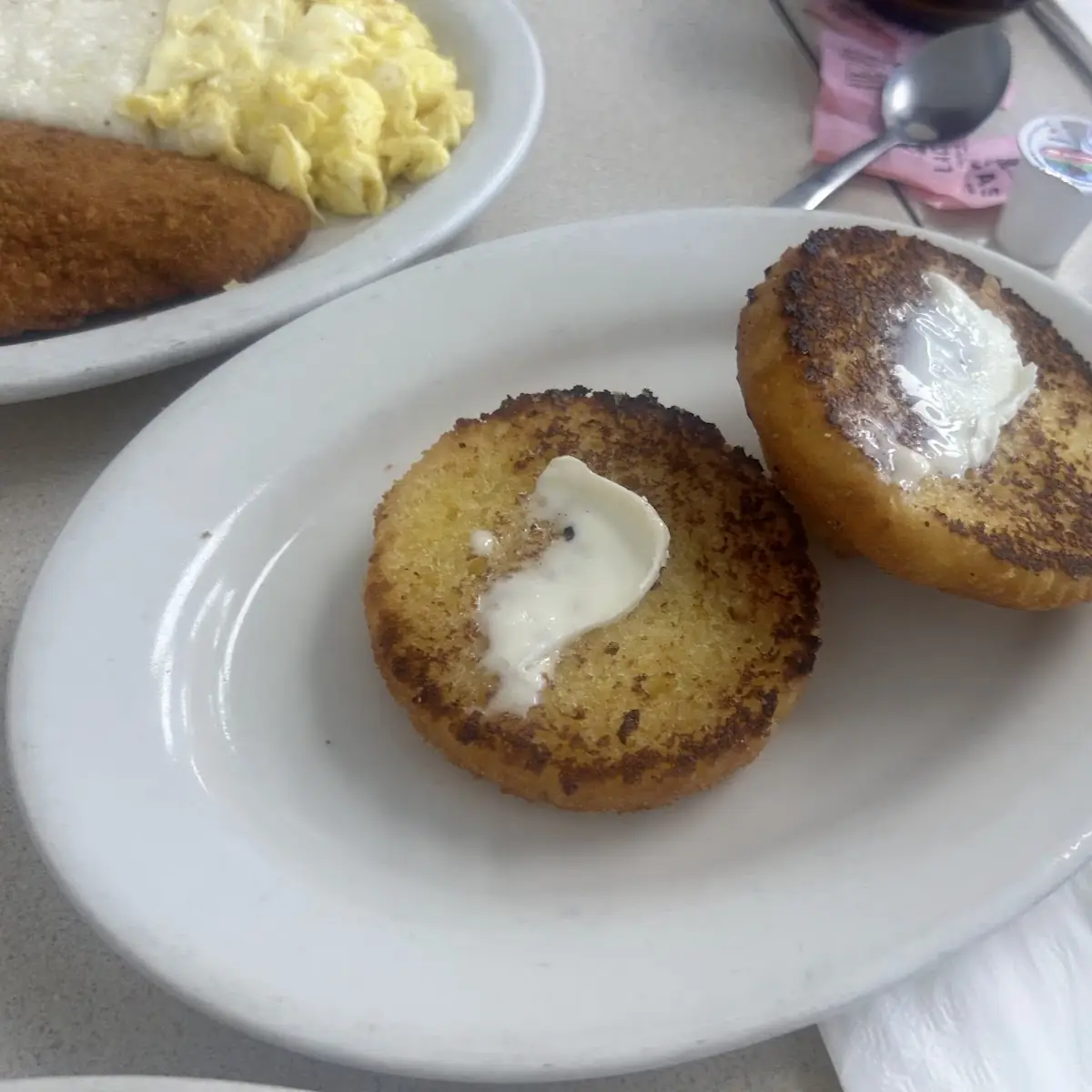 2 Eggs Fried Flounder Grits Corn Muffin & Coffee