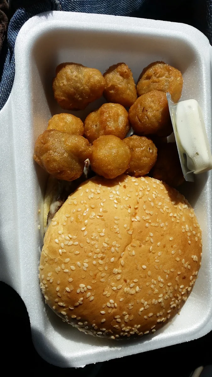 Burger and Deep Fried Mushrooms