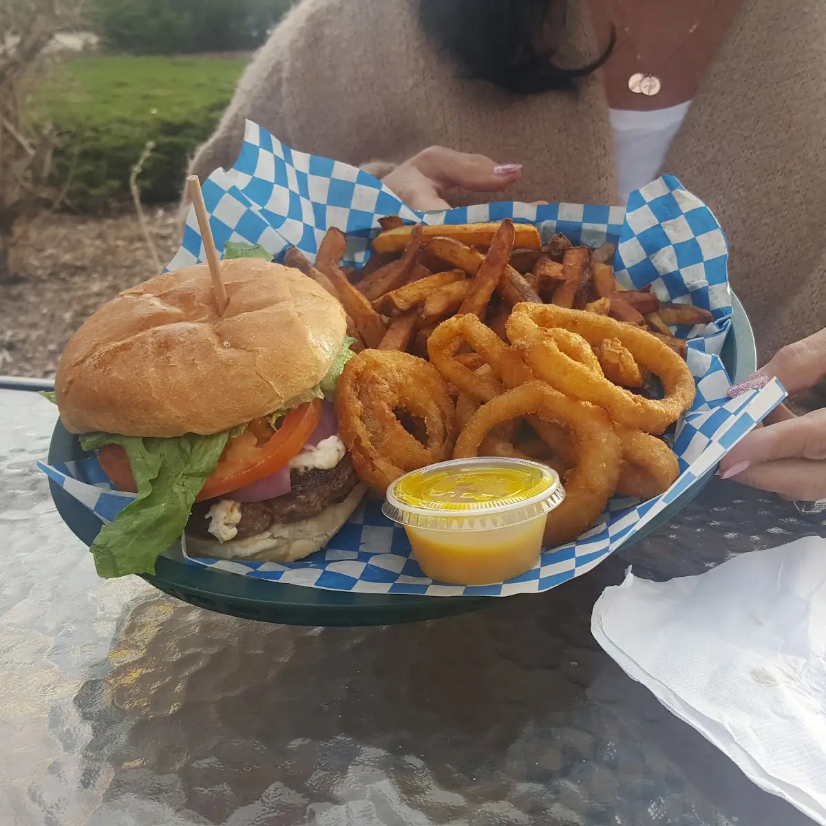 Feta Greek Burger with Fries & Onion Rings