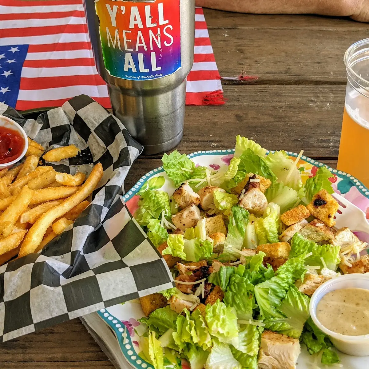 Beer Battered Fries and Cesar Salad with Chicken