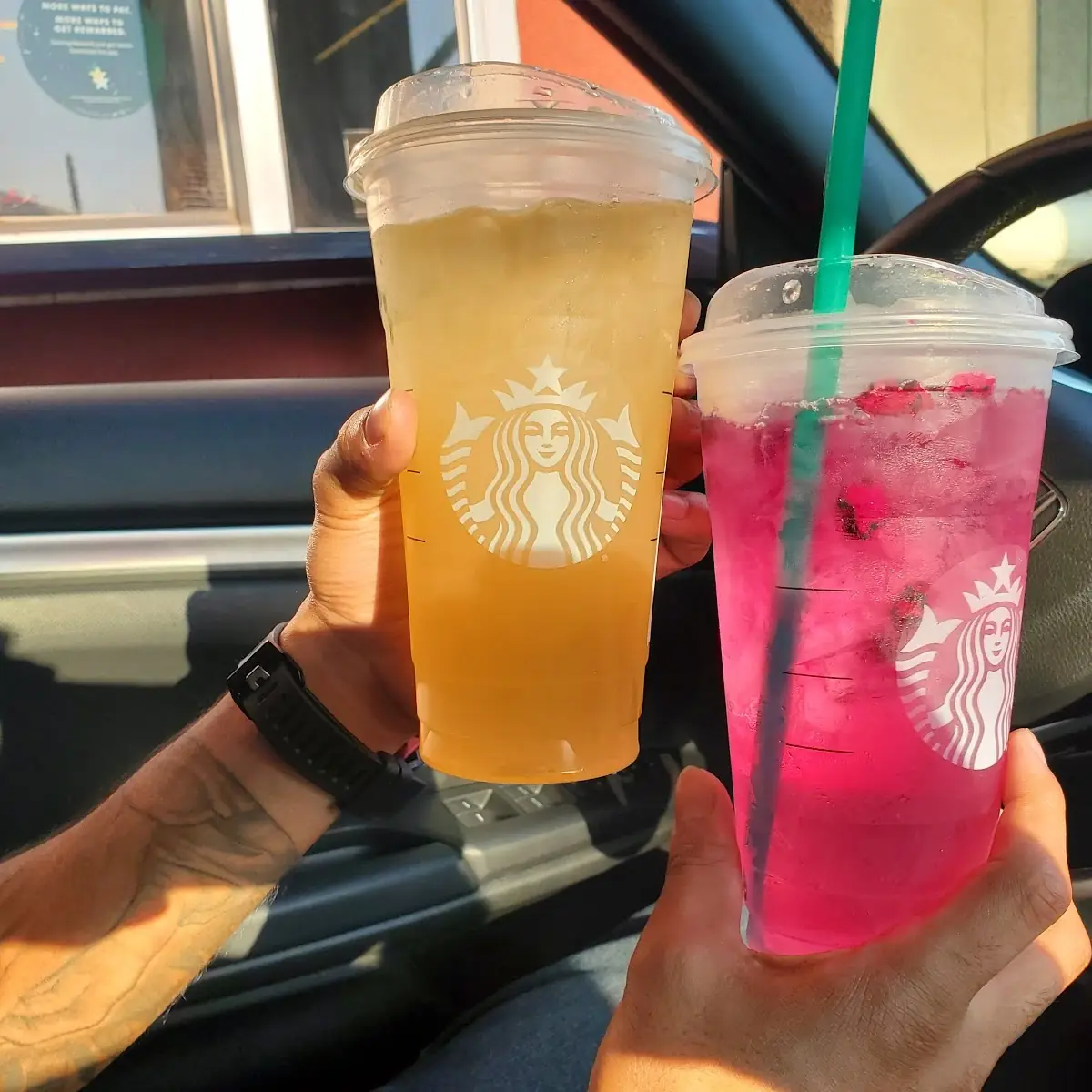 Black Tea Lemonade with Mango Base and a Mango Dragon Fruit with Classic Syrup