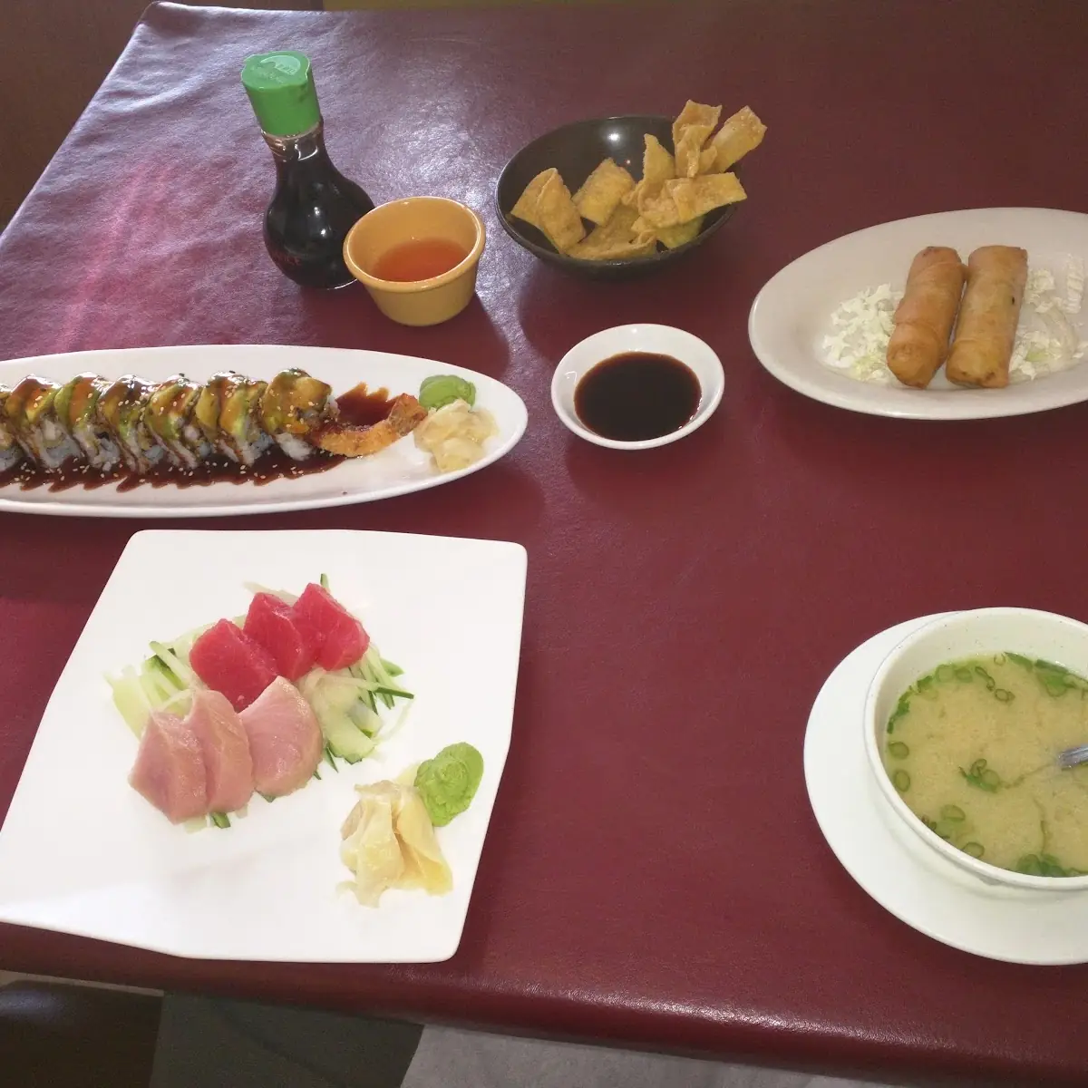 Green Dragon Roll Vegetable Spring Rolls Yellowtail and Tuna Sashimi and Miso Soup