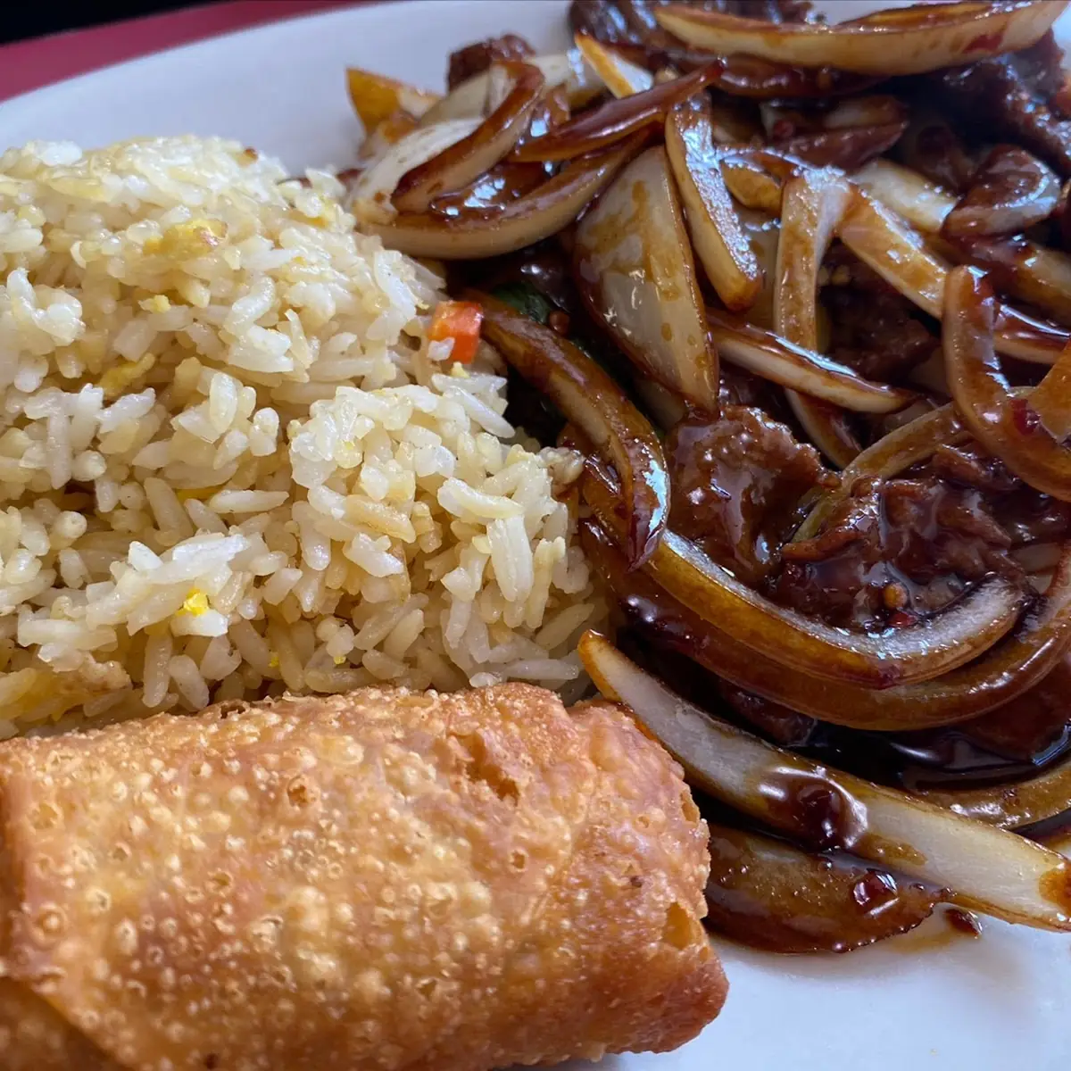 Mongolian Beef with Fried Rice and Eggroll