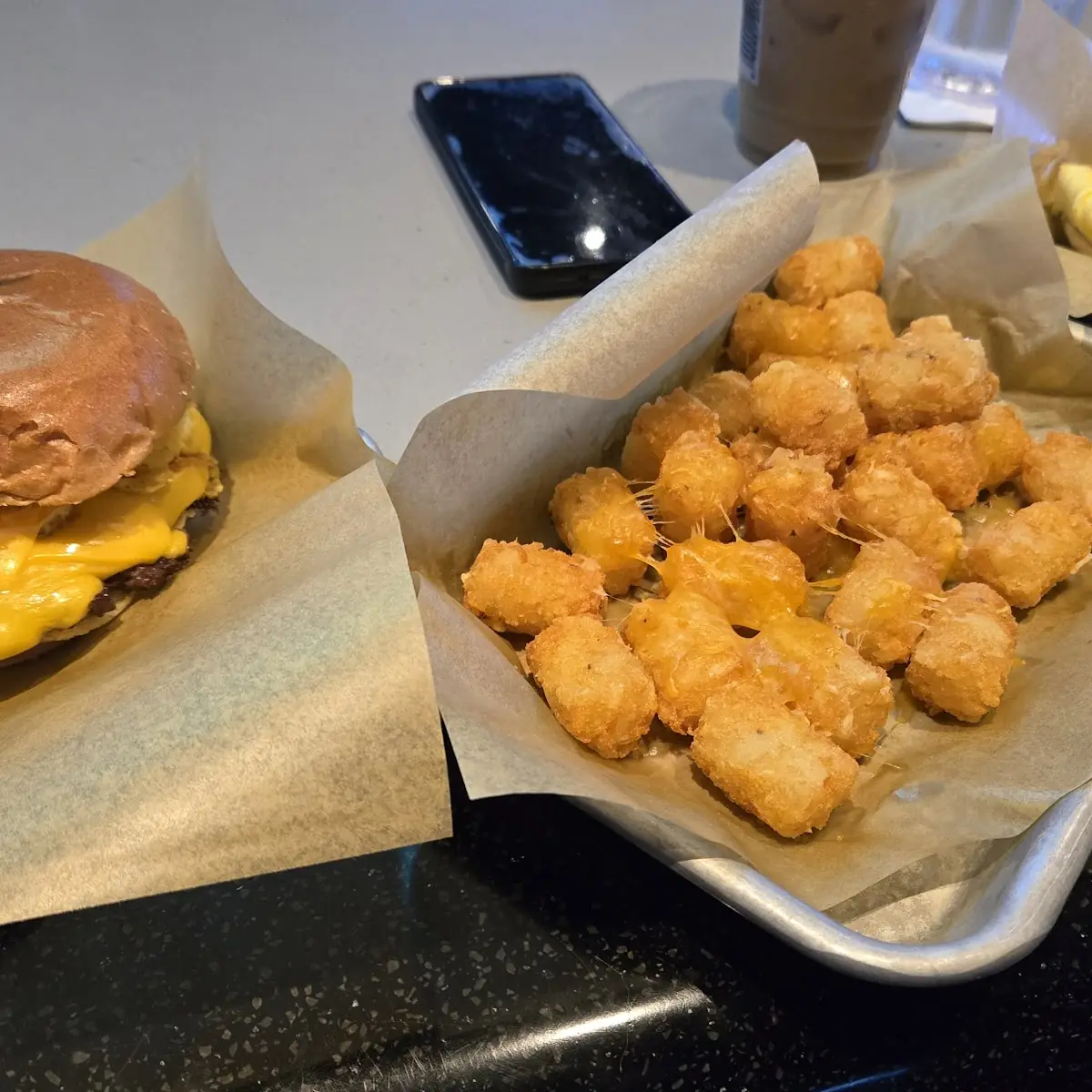 Bacon Egg Cheeseburger and Tater Tots