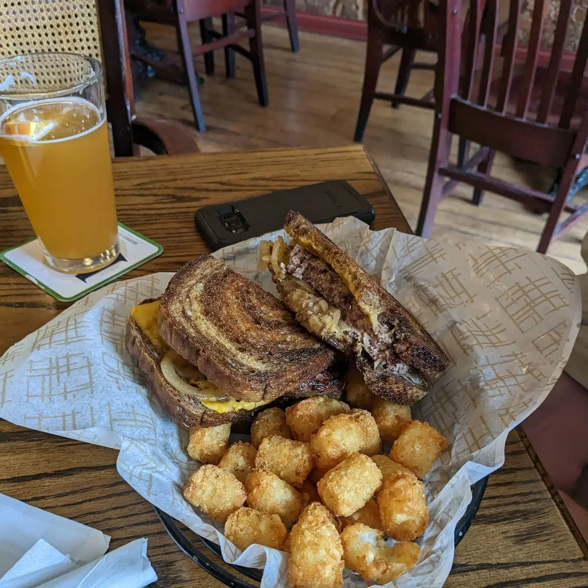 Patty Melt Burger with Tater Tots