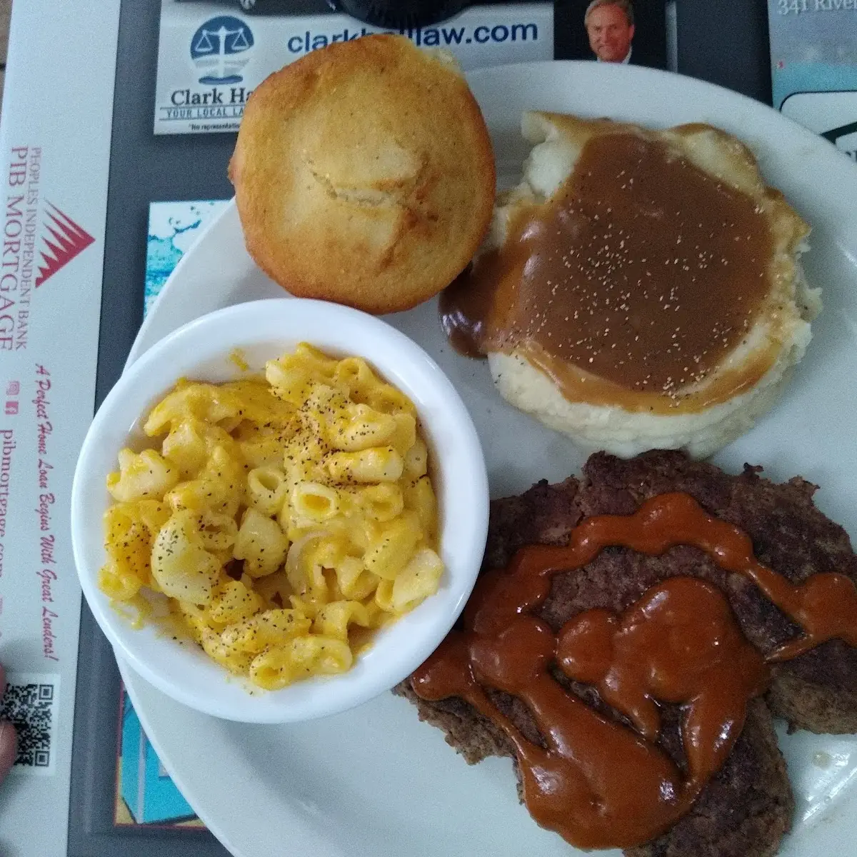 Hamburger Steak w 57 Sauce Mashed Potatoes Gravy Mac and Cheese with a Cornbread Muffin