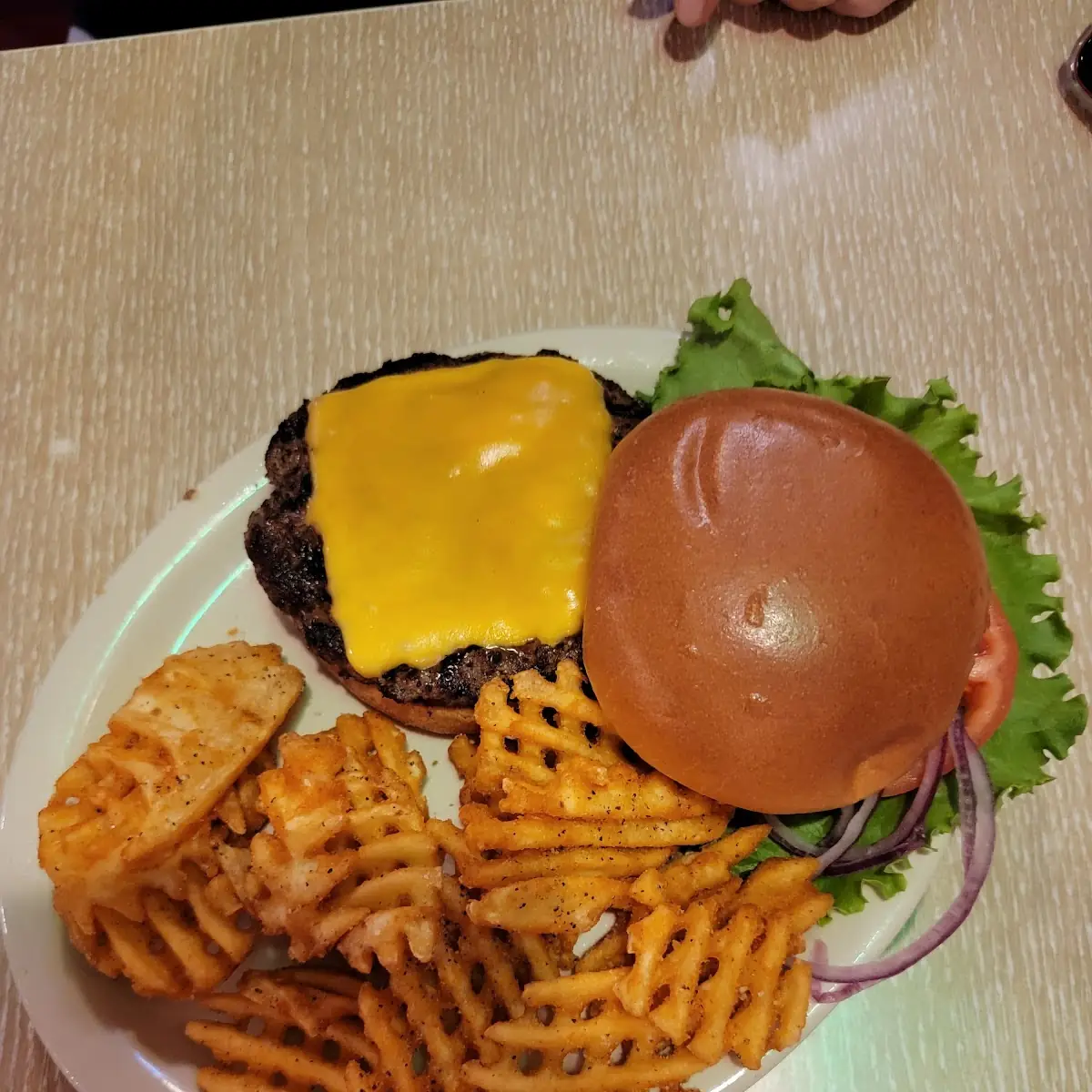 Cheeseburger and Waffle Fries