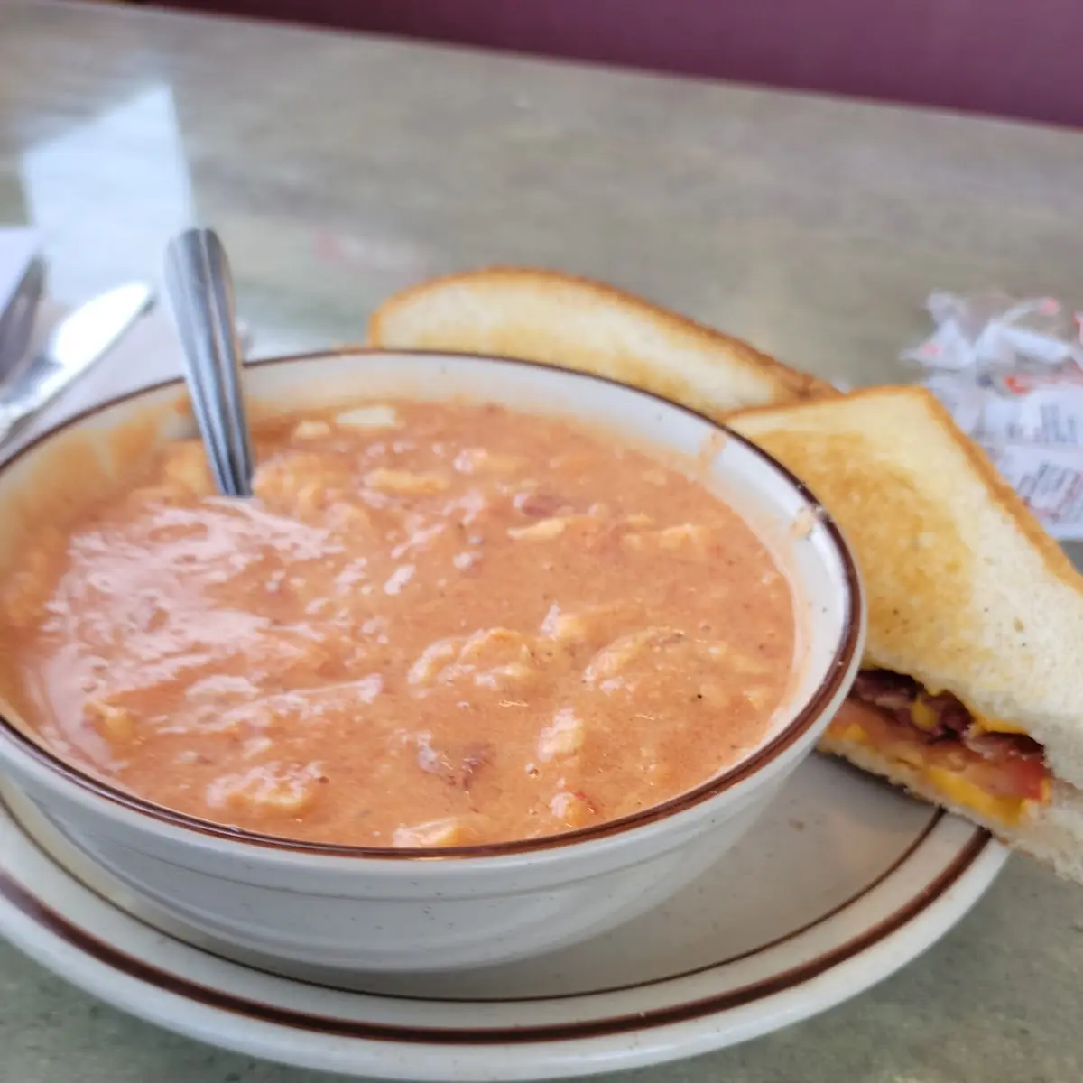 Tomato Soup with Cheese and Bacon Sandwich
