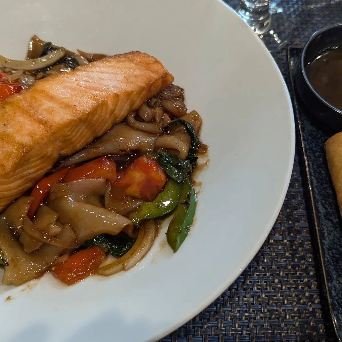Drunken Noodles with Grilled Salmon