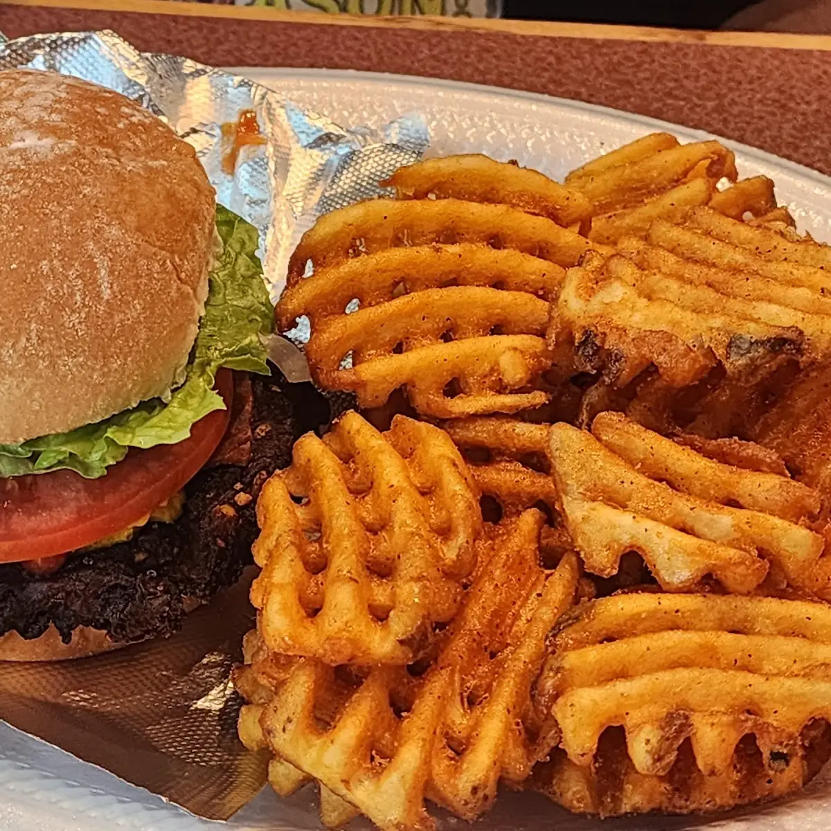 Black Bean Burger with Fries Light Veggies
