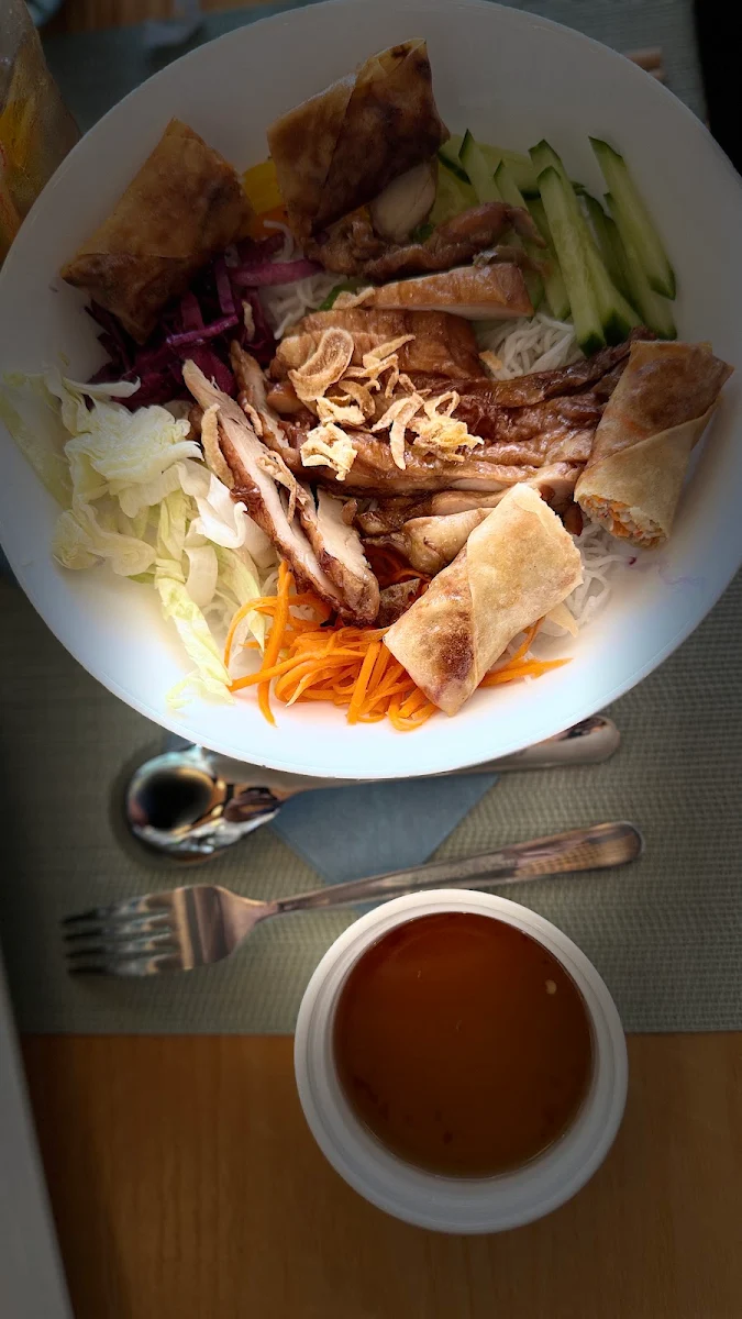 Vermicelli with fried vegetarian spring rolls