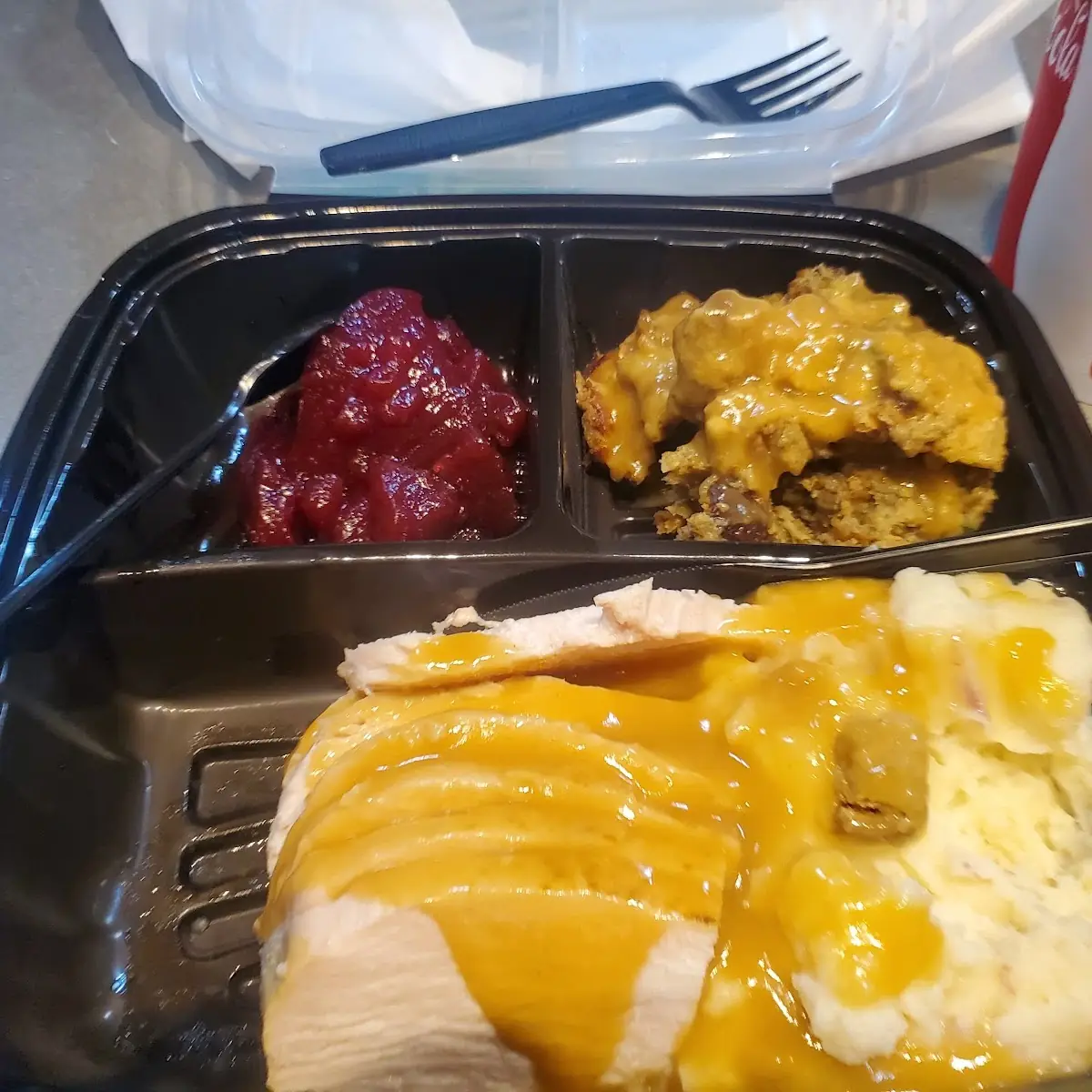 Turkey Stuffing Mashed Potatoes and Cranberry Sauce with Gravy