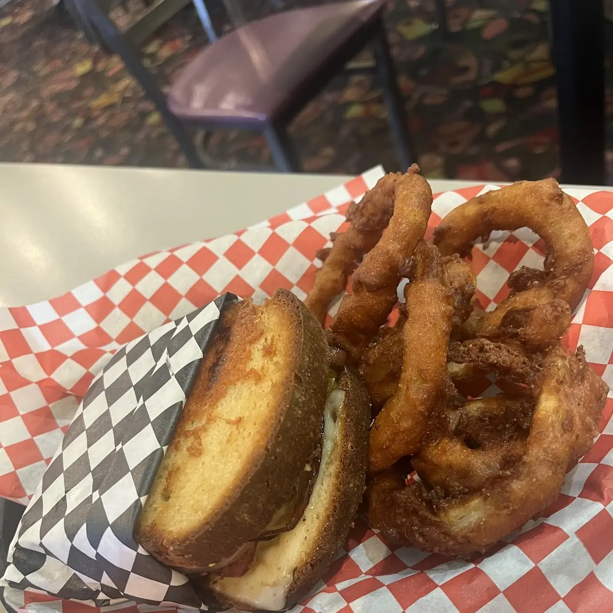 Patty Melt Burger and Onion Rings