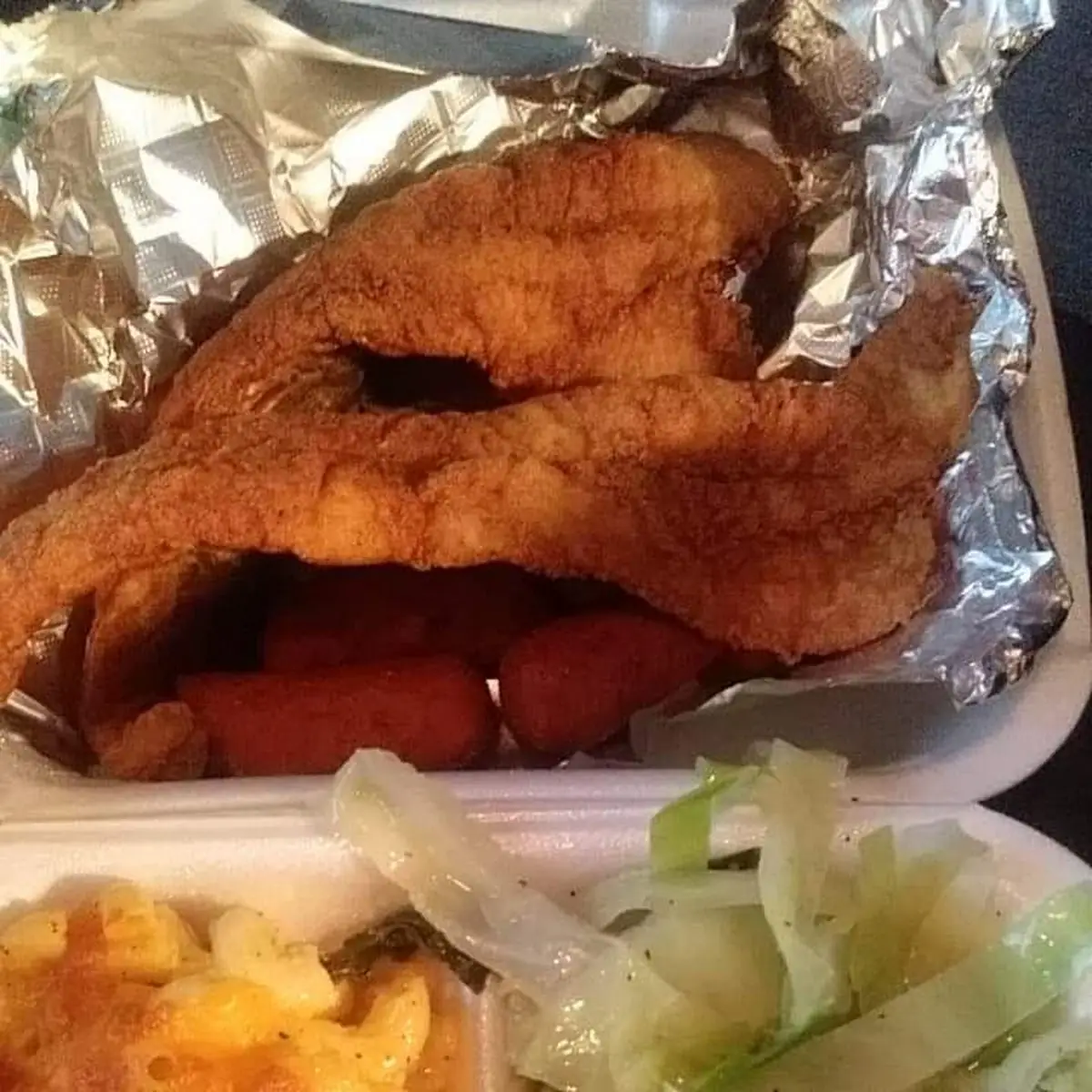 Whitten Fish Dinner Cabbage & Mac & Cheese with Hush Puppies