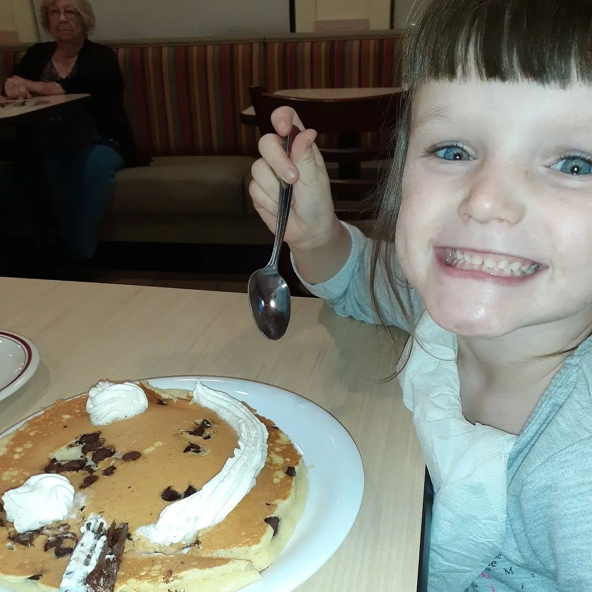 Chocolate Chip Pancakes w Bacon on Side