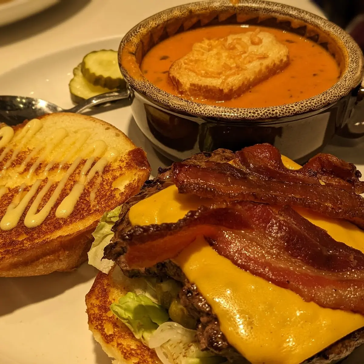 American Wagyu Bacon Cheeseburger w Tomato Bisque