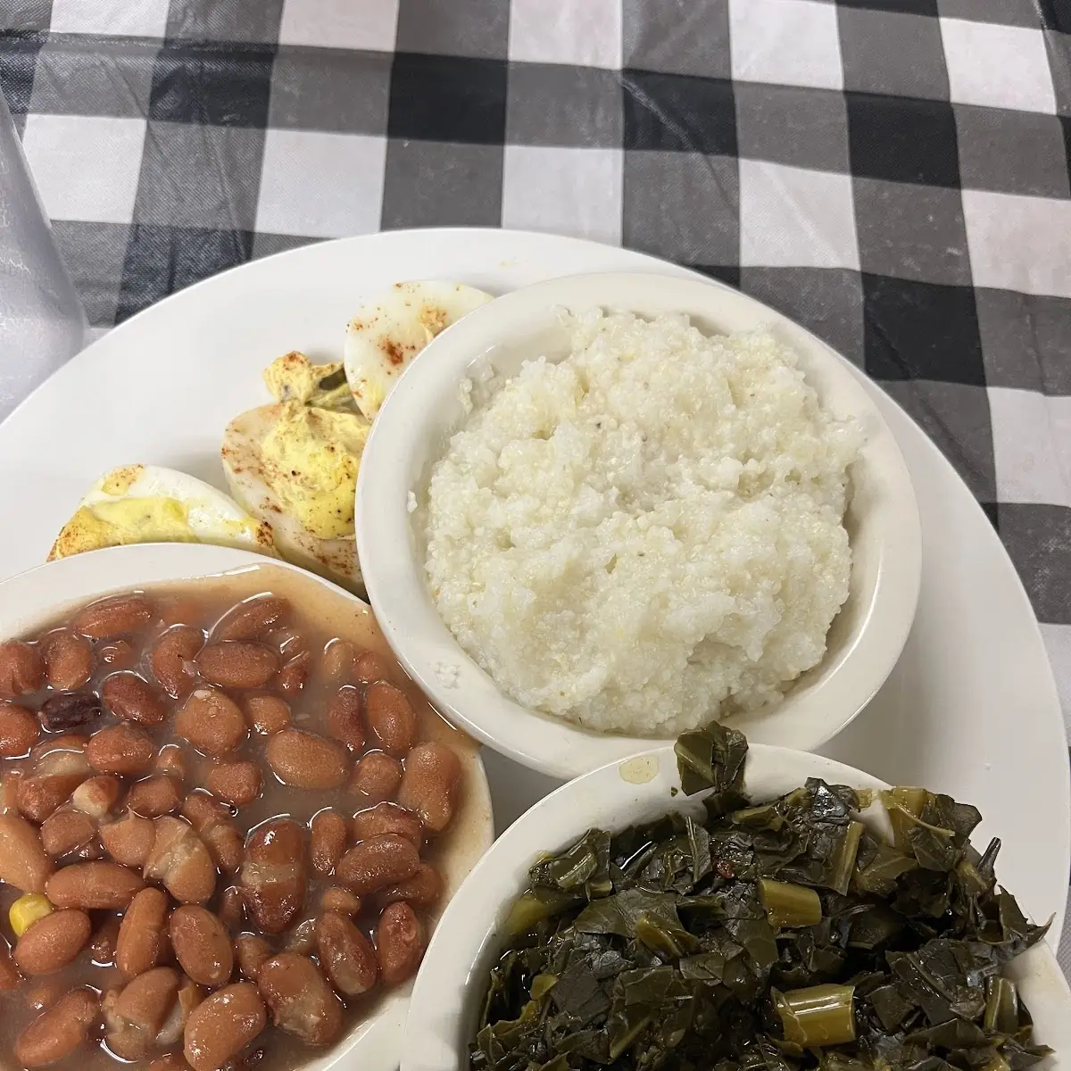 Baked Beans Collard Greens Grits and Devilled Eggs