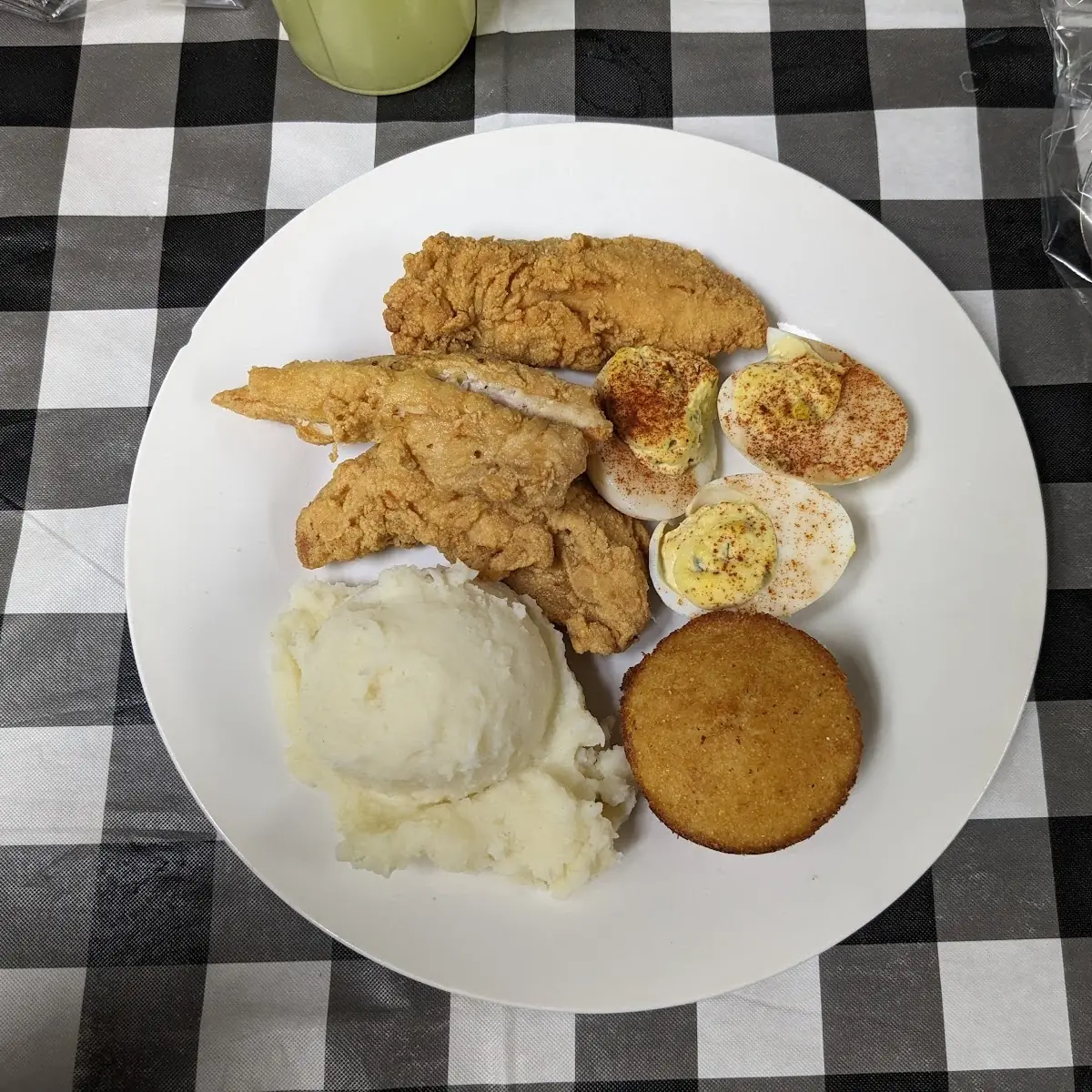 Chicken Tenders with Cornbread Deviled Eggs and Mashed Potatoes