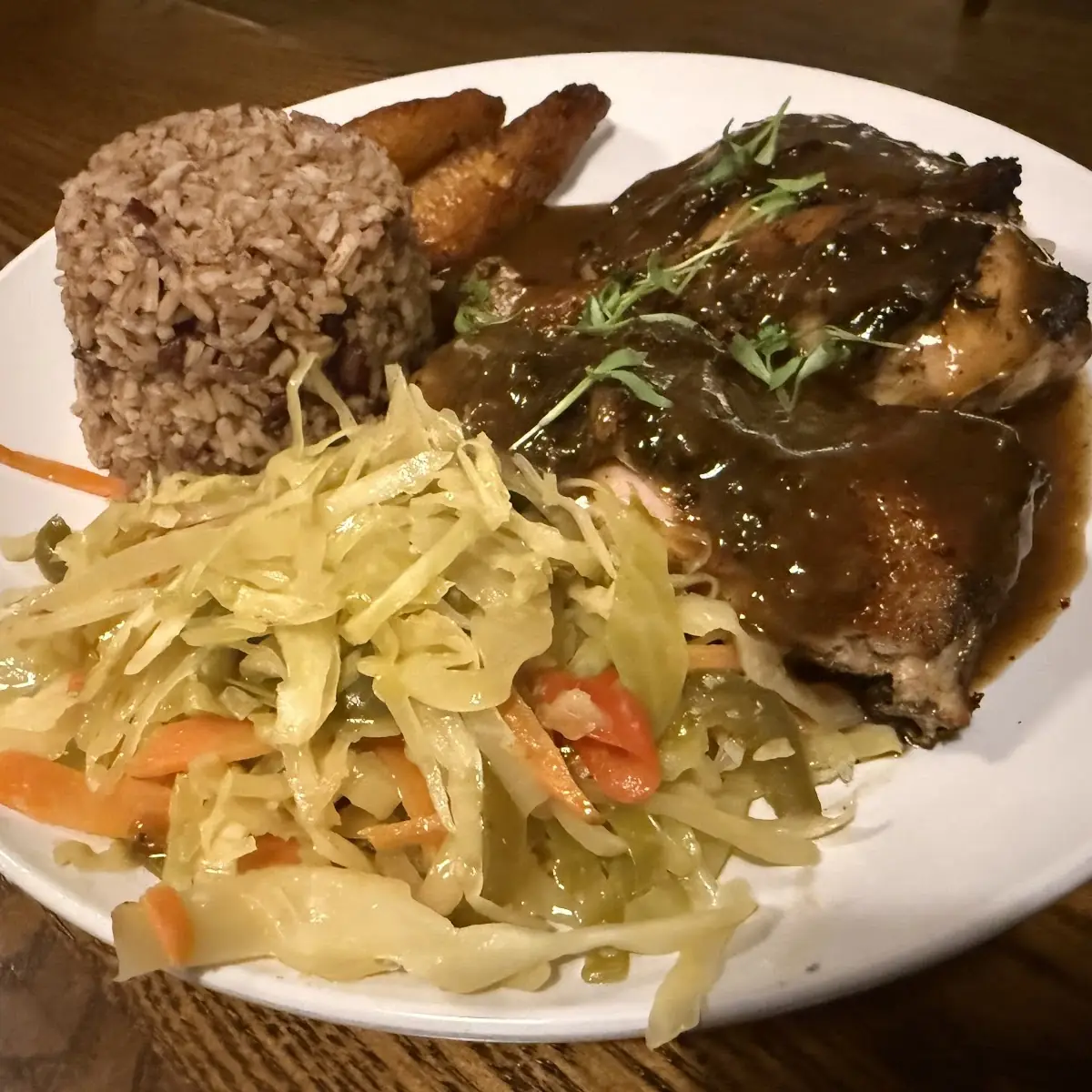 Jerk Chicken w Rice & Peas Cabbage