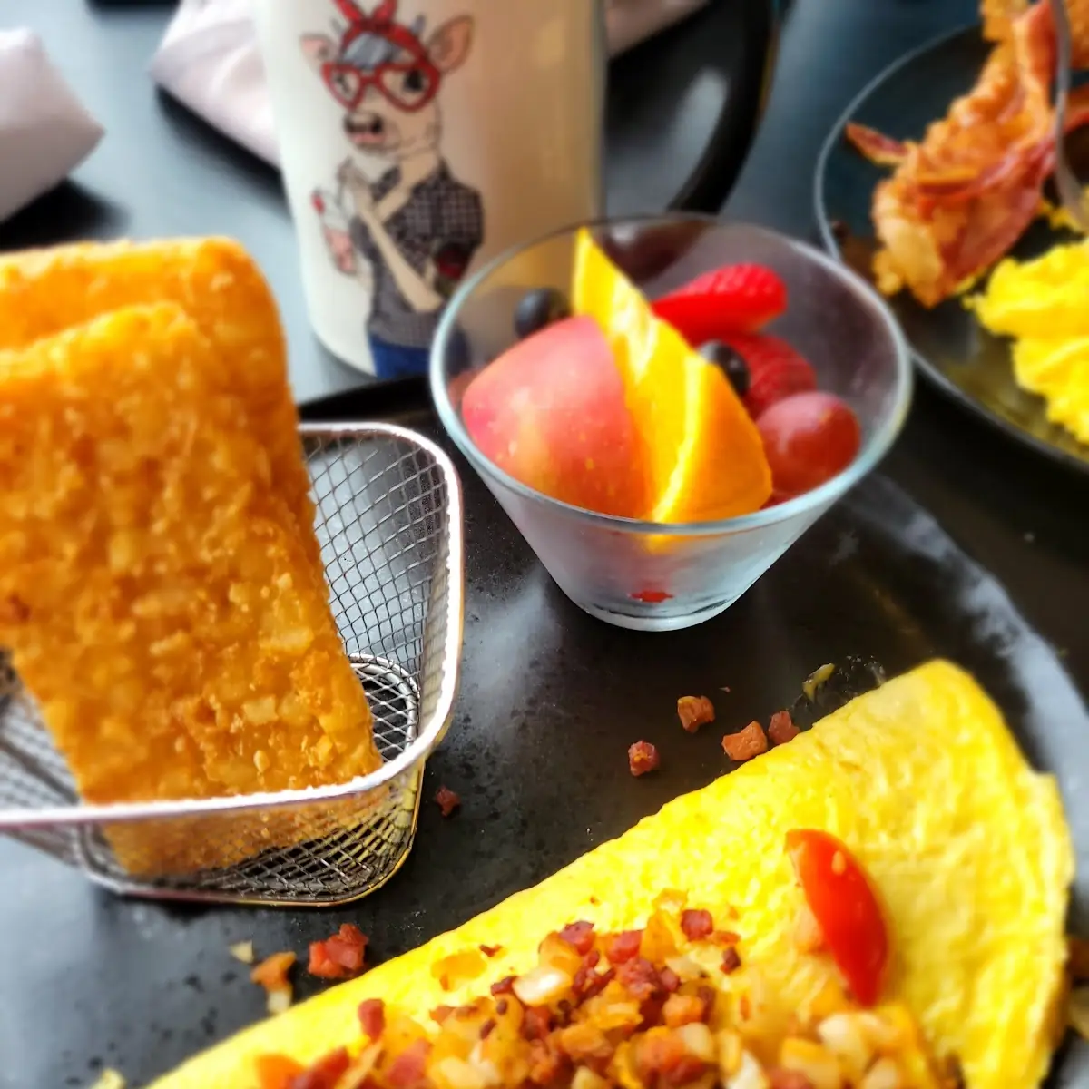 Bacon Omelets with Hashbrowns and Fruit Cup