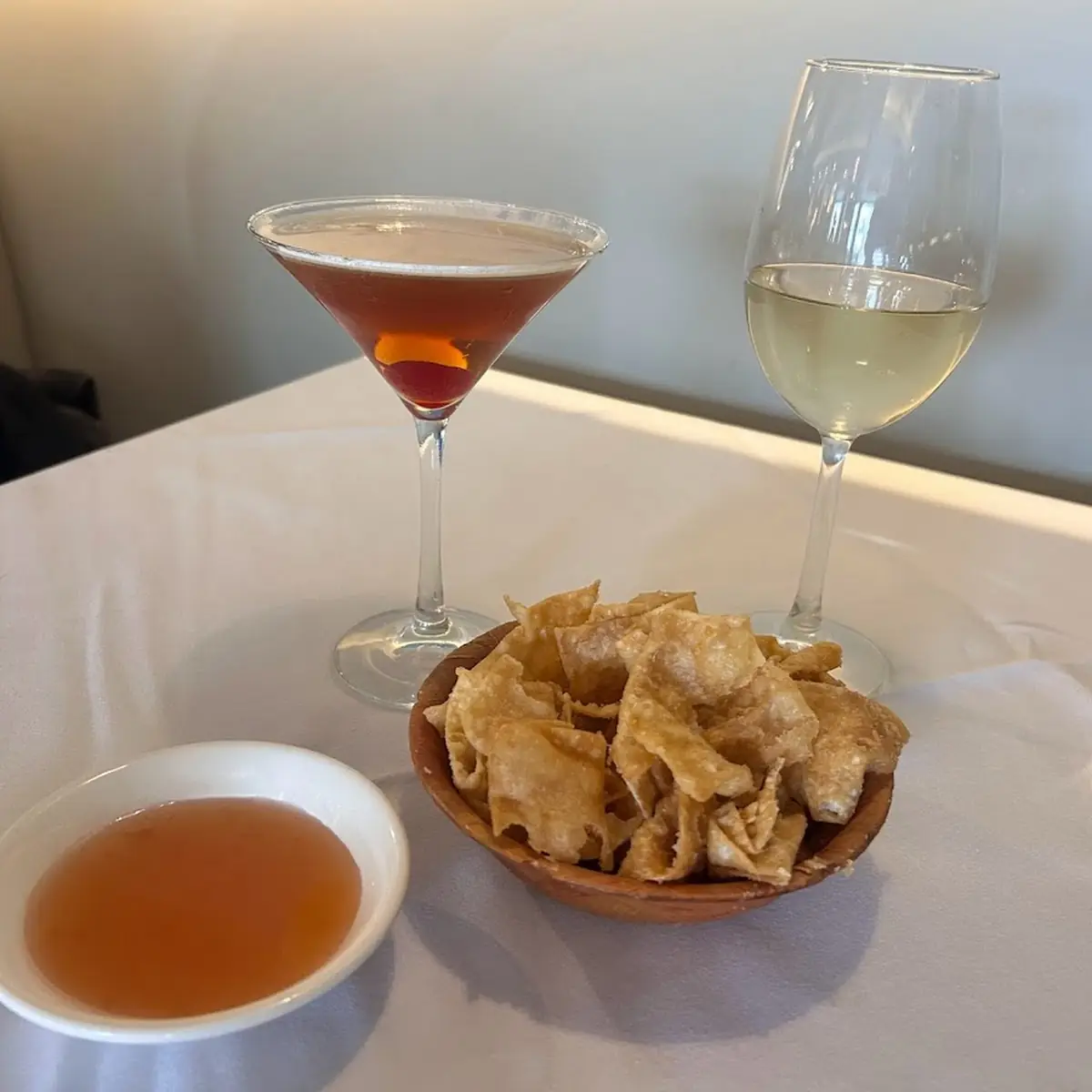 Manhattan and Pinot Grigio with Fried Noodles