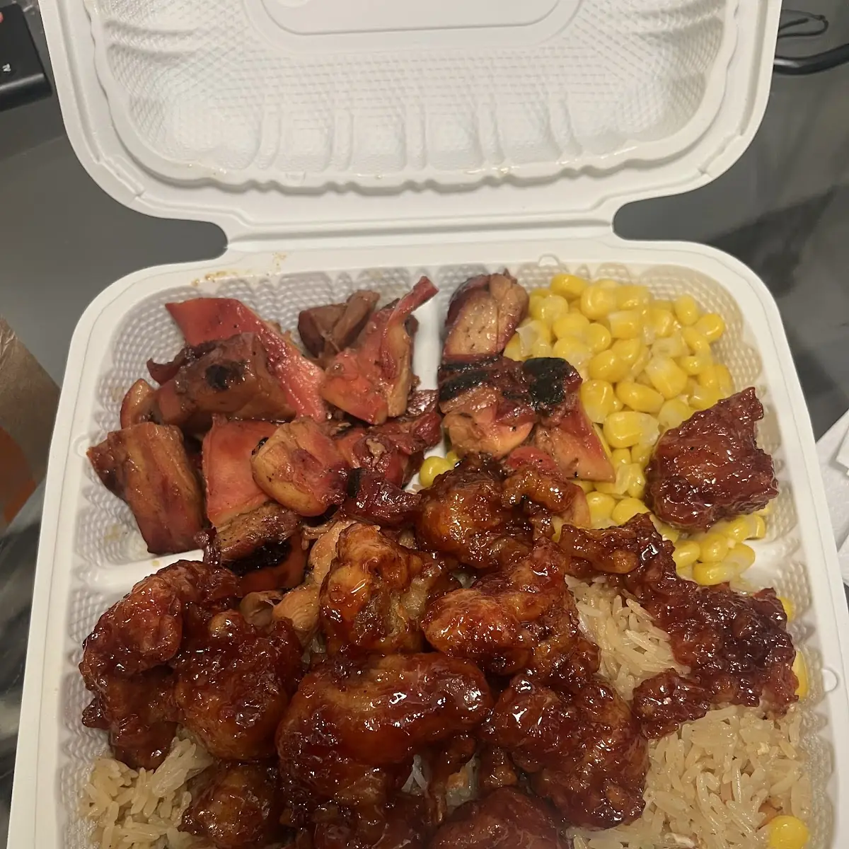 BBQ Chicken & Honey Garlic Chicken and Sweet Corn with Fried Rice, Bourbon Street Grill