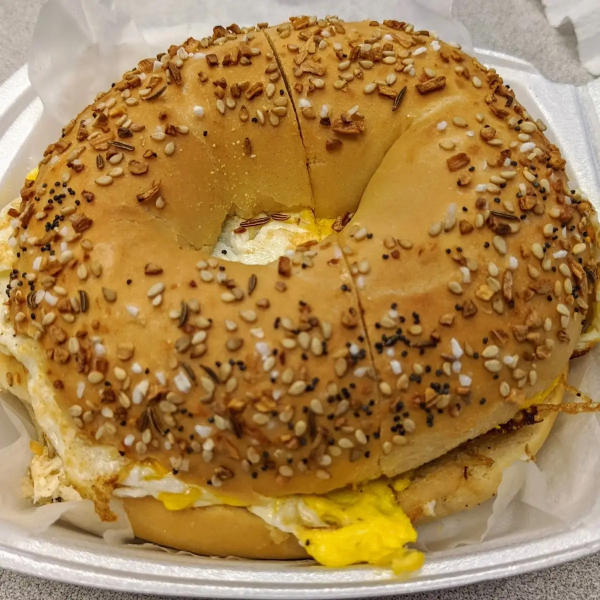 Sausage Egg and Cheese on Everything Bagel