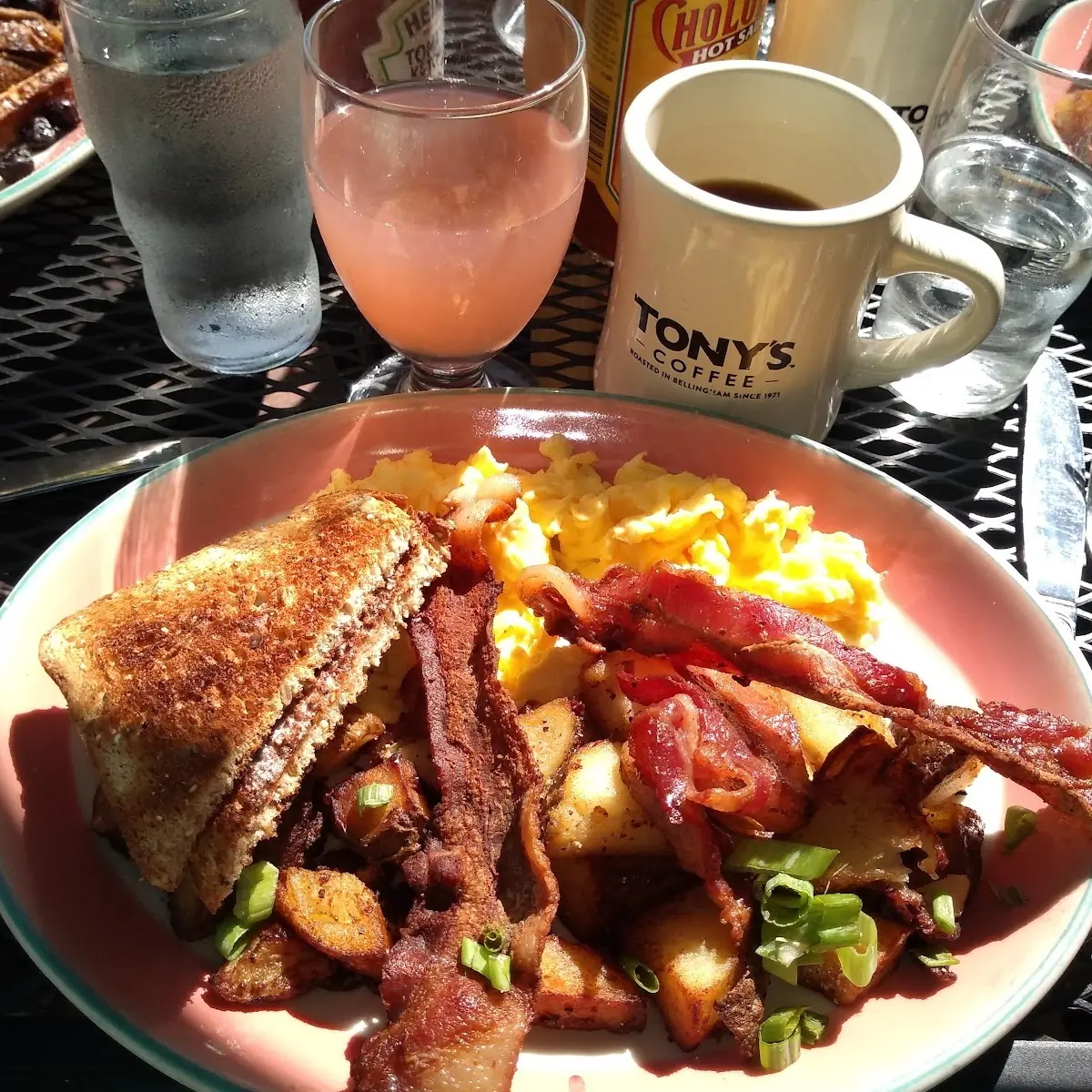 Scrambled Eggs Potatoes Bacon Wheat Toast
