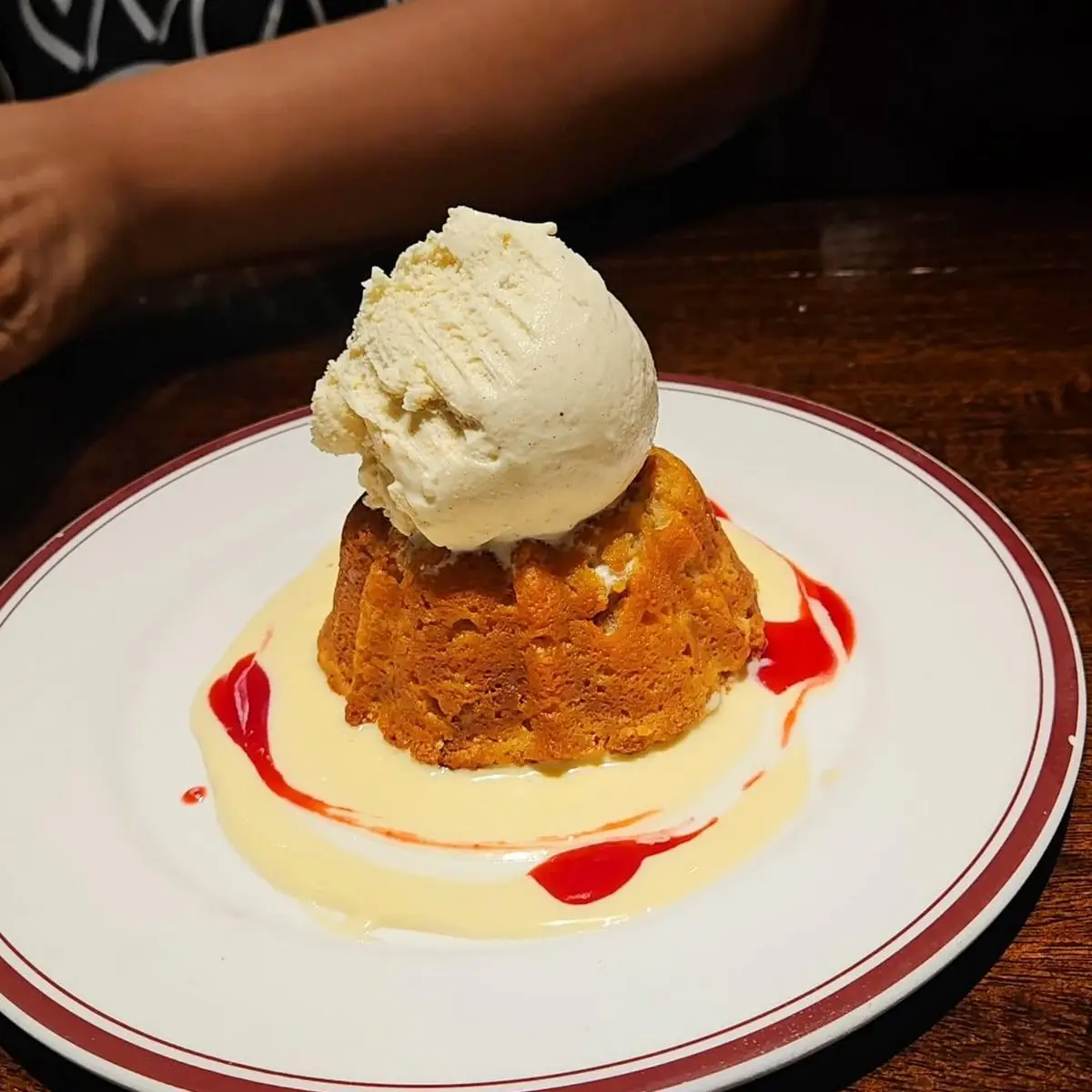 Warm White Chocolate Bread Pudding with Vanilla Ice Cream & Caramel