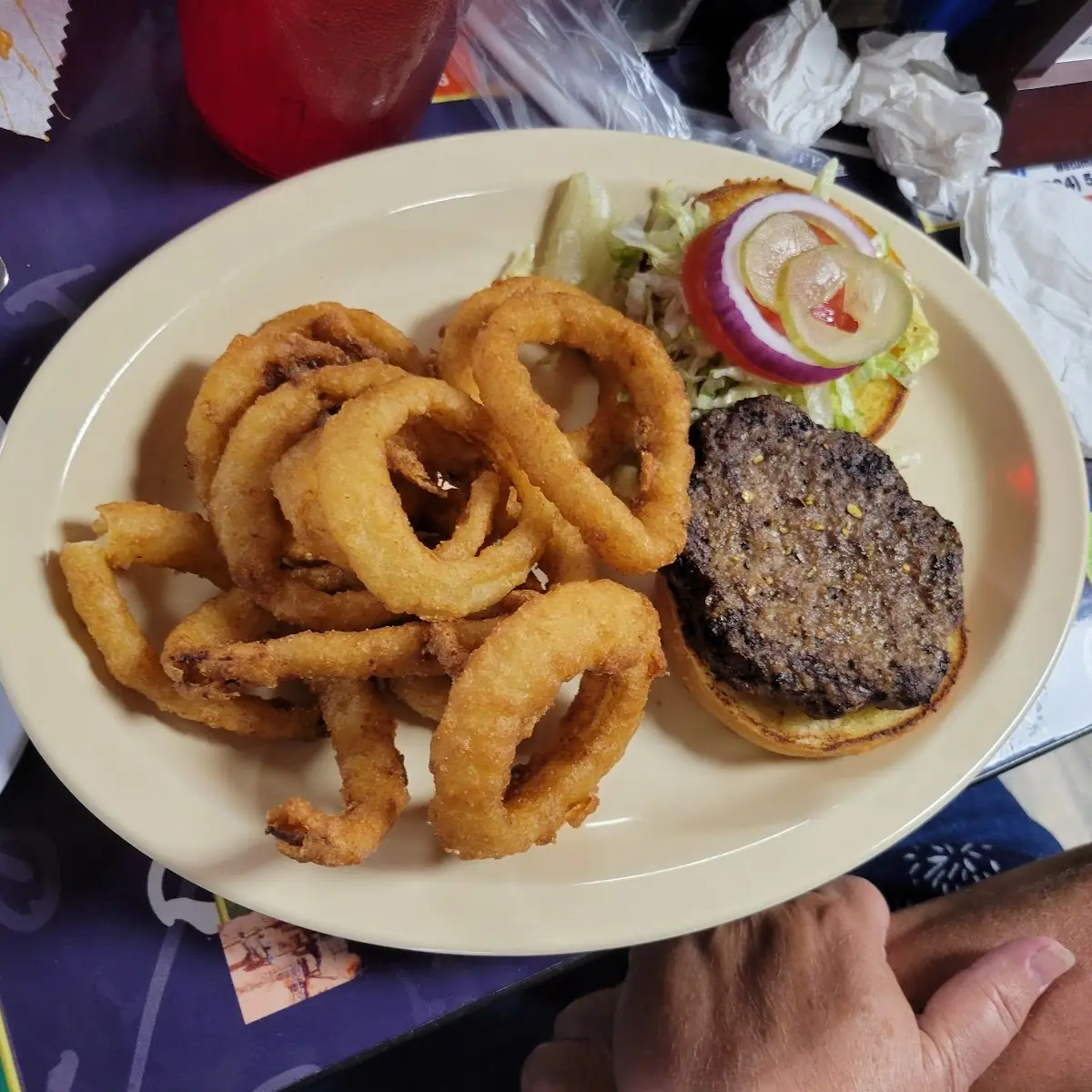 Hamburger and Onion Rings