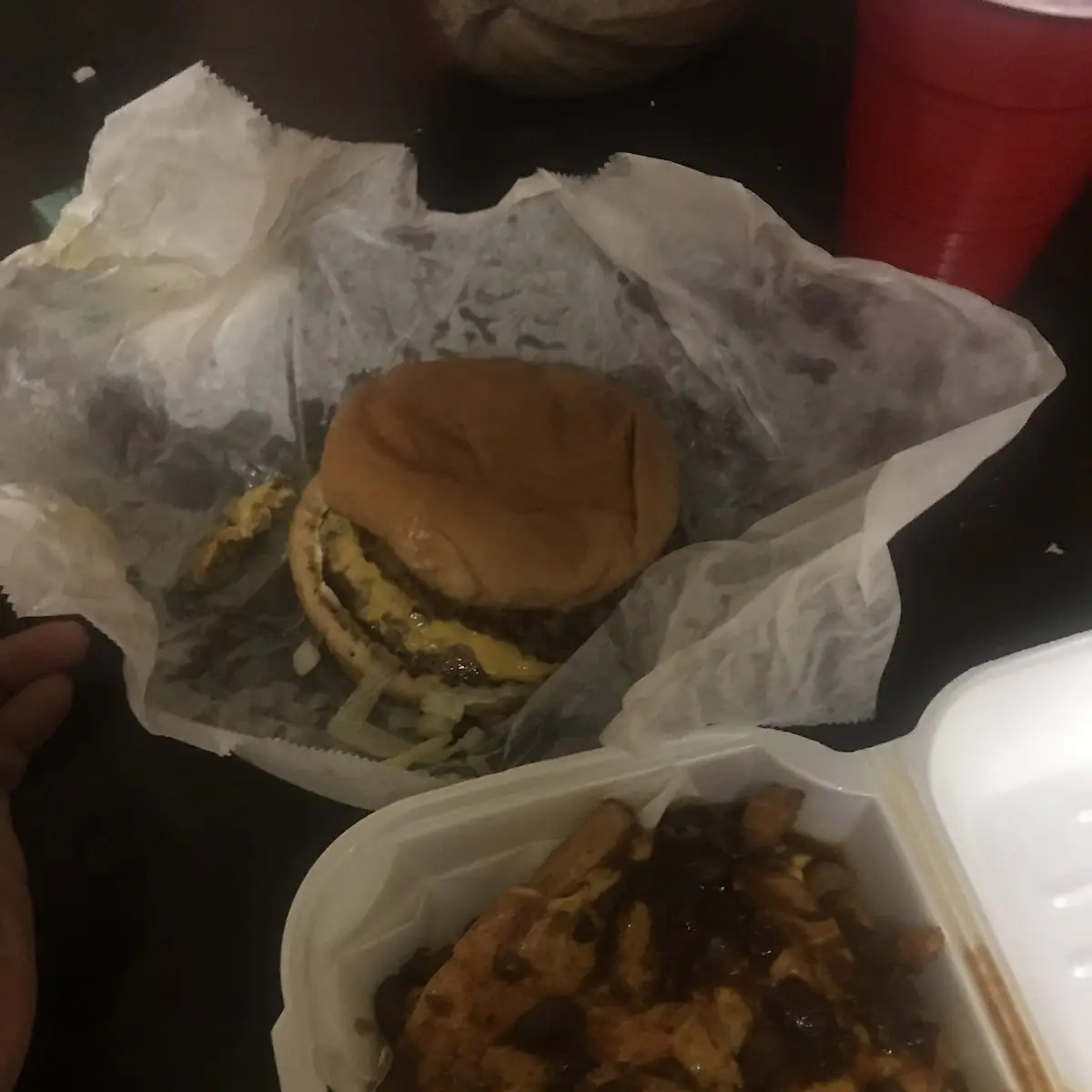 Double Cheese Burger and Chilli Cheese Fries