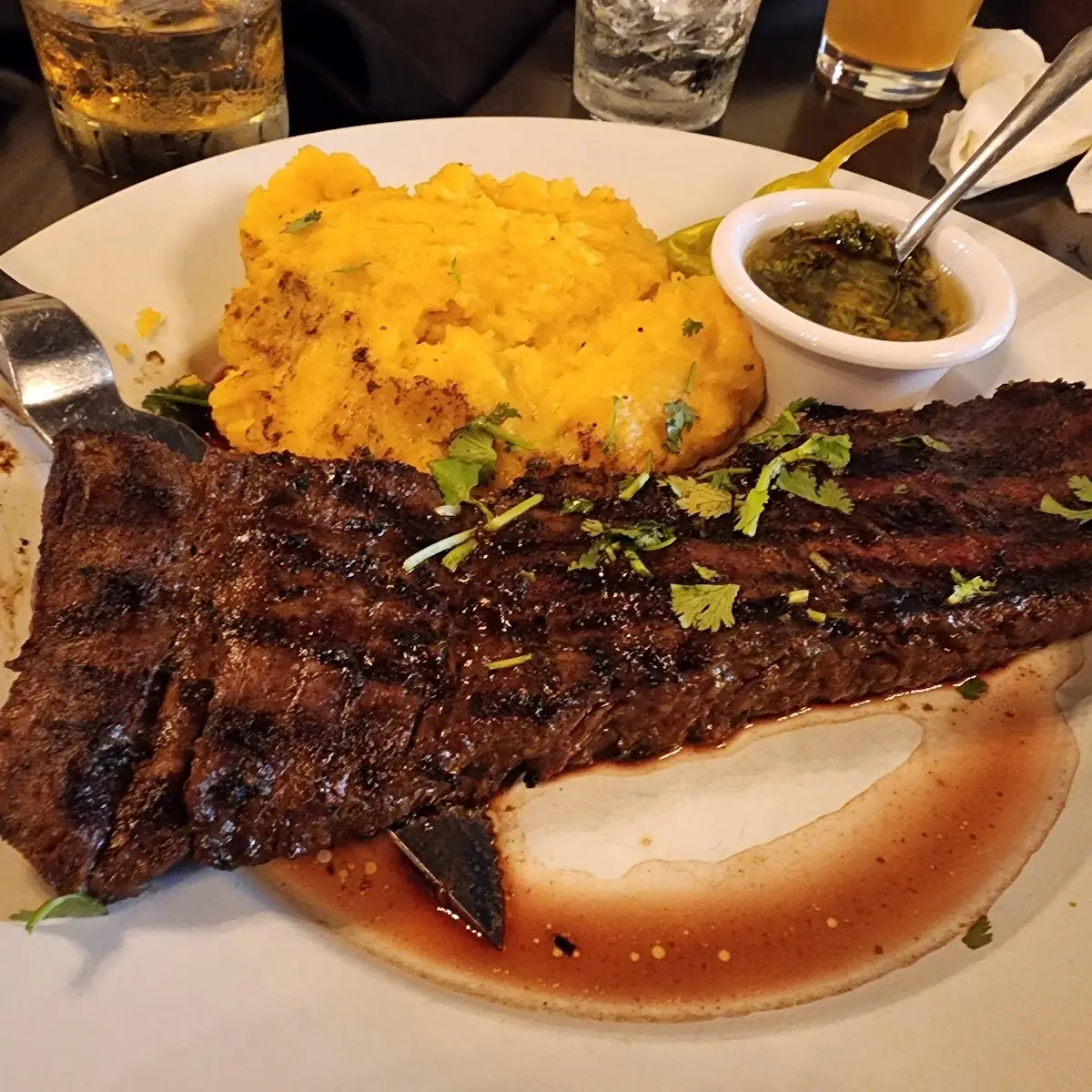 Churrasco Steak Chipotle Cheddar Mashed Potatoes and Chimichurri Sauce