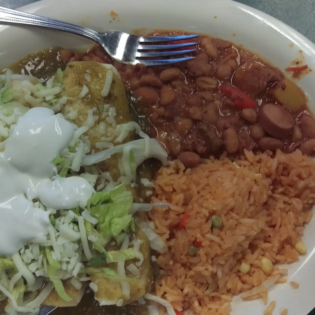Enchiladas Verdes with Pinto Beans and Rice