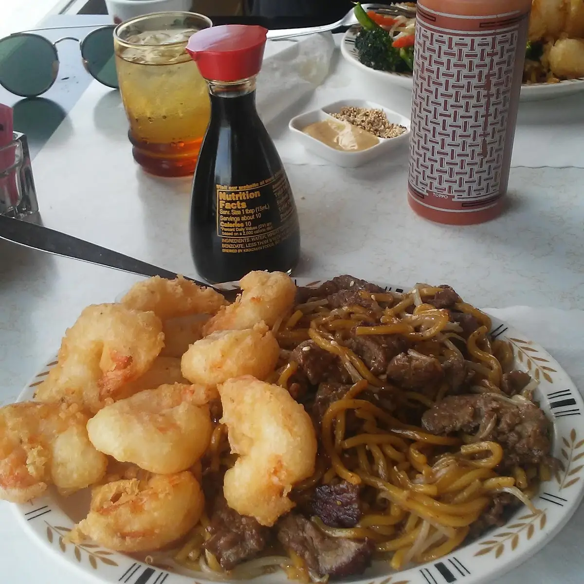 Beef Lo Mein with Fried Shrimp