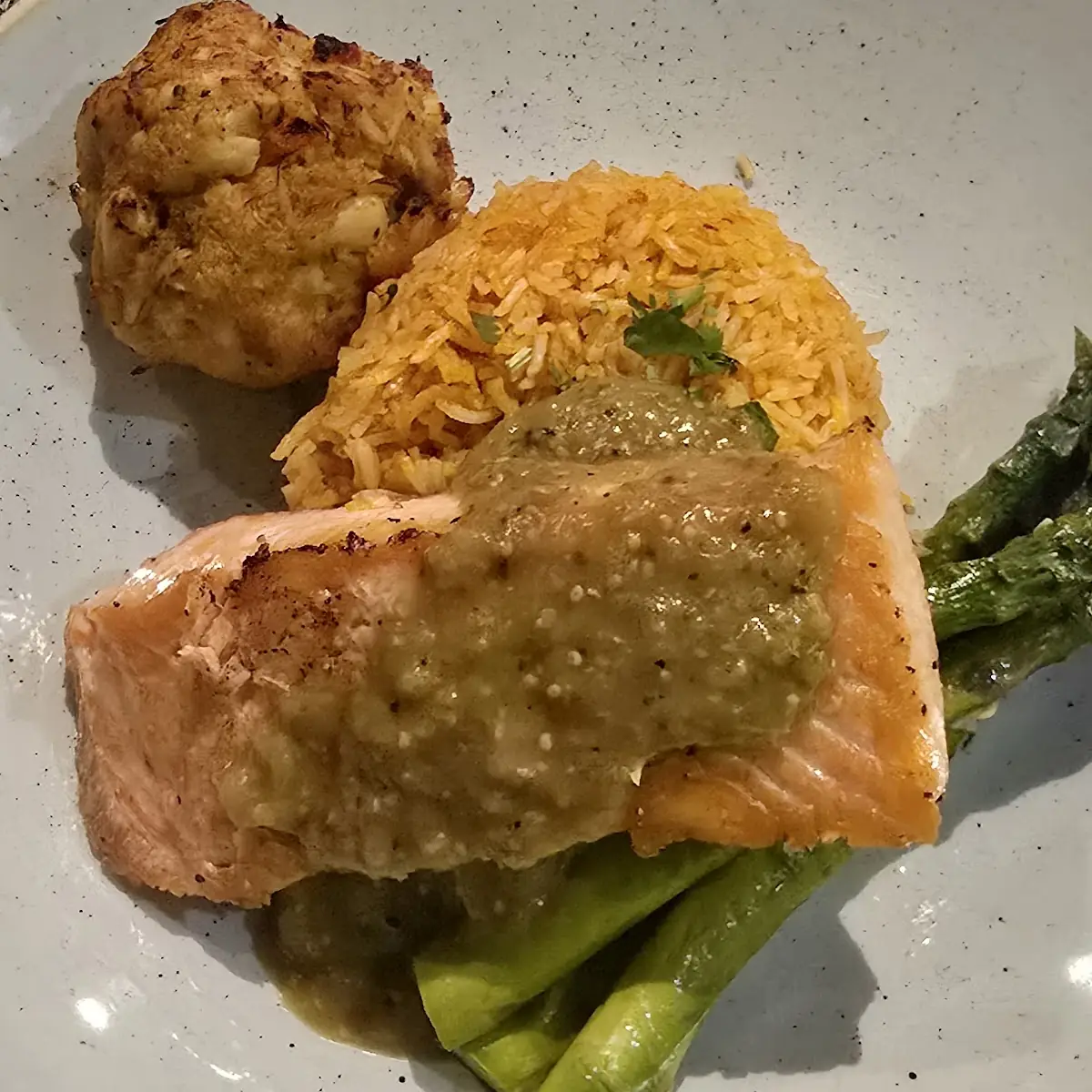 Seared Salmon with Asparagus and Spanish Saffron Rice