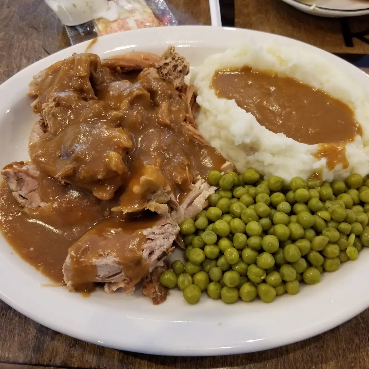 Roast Beef Dinner with Mashed Potatoes and Peas