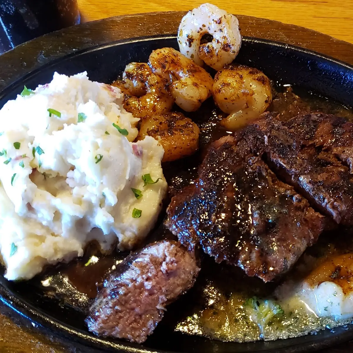 Bourbon Steak with Grilled Shrimp and Mashed Potatoes