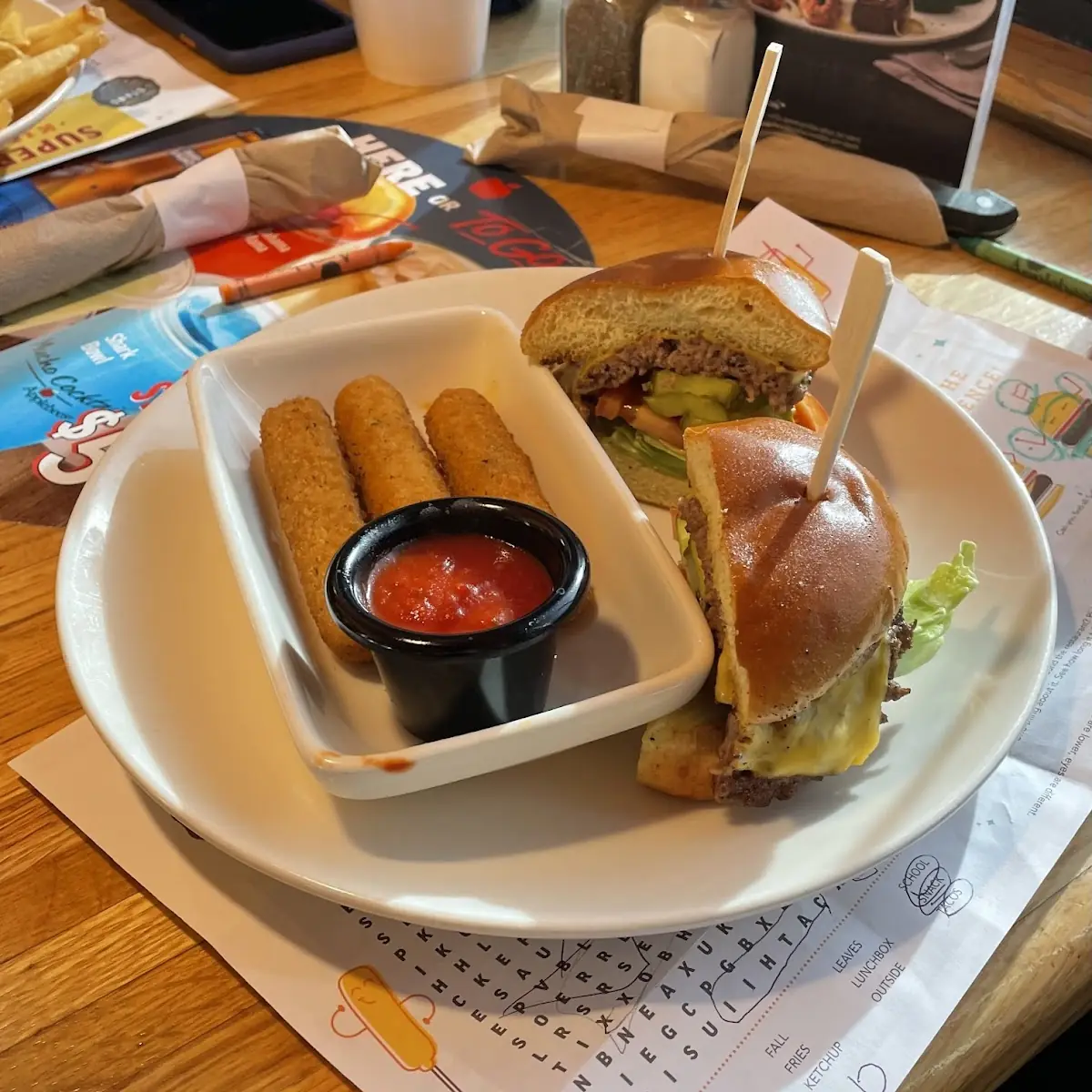 Kids Cheeseburger and Mozarella Sticks