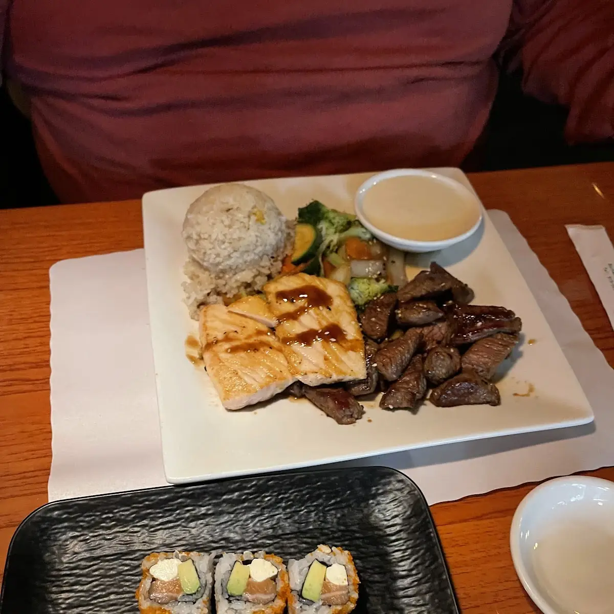 Combination Steak and Salmon Dinner with Sushi Appetizer