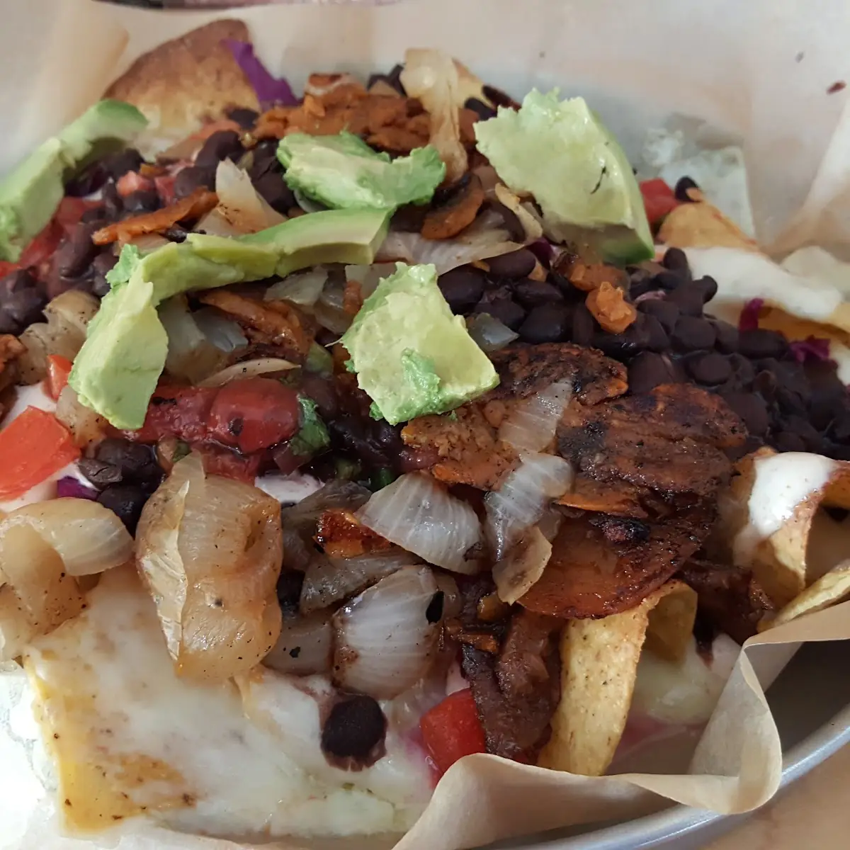 Nachos with Roasted Onion Black Beans and Avocado