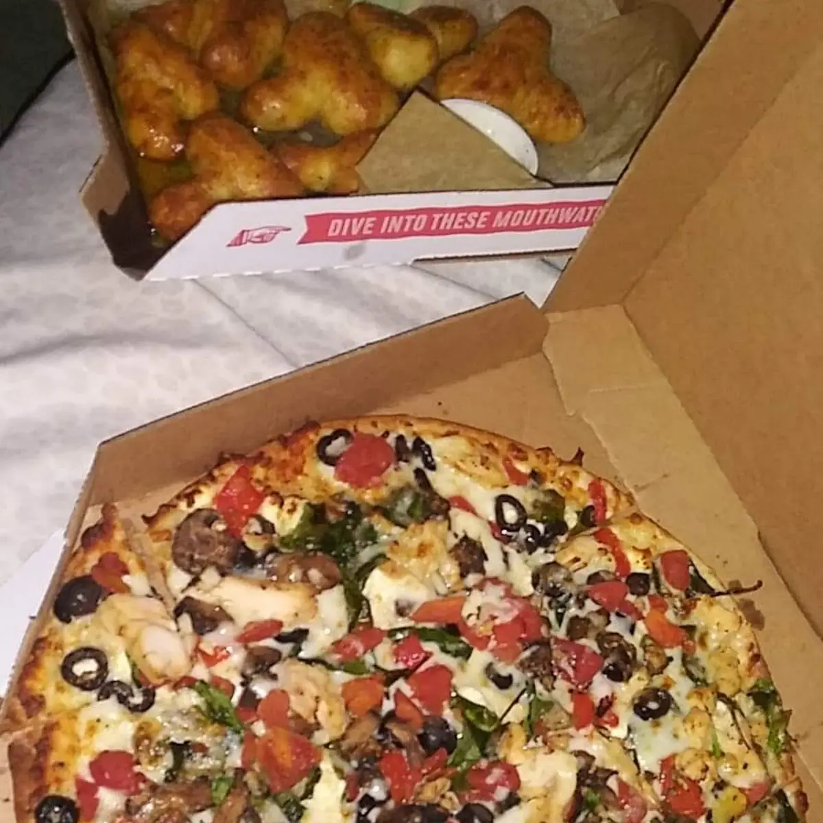 Thin Crust Veggie with White Sauce and Chicken Garlic Parmesan Breadsticks