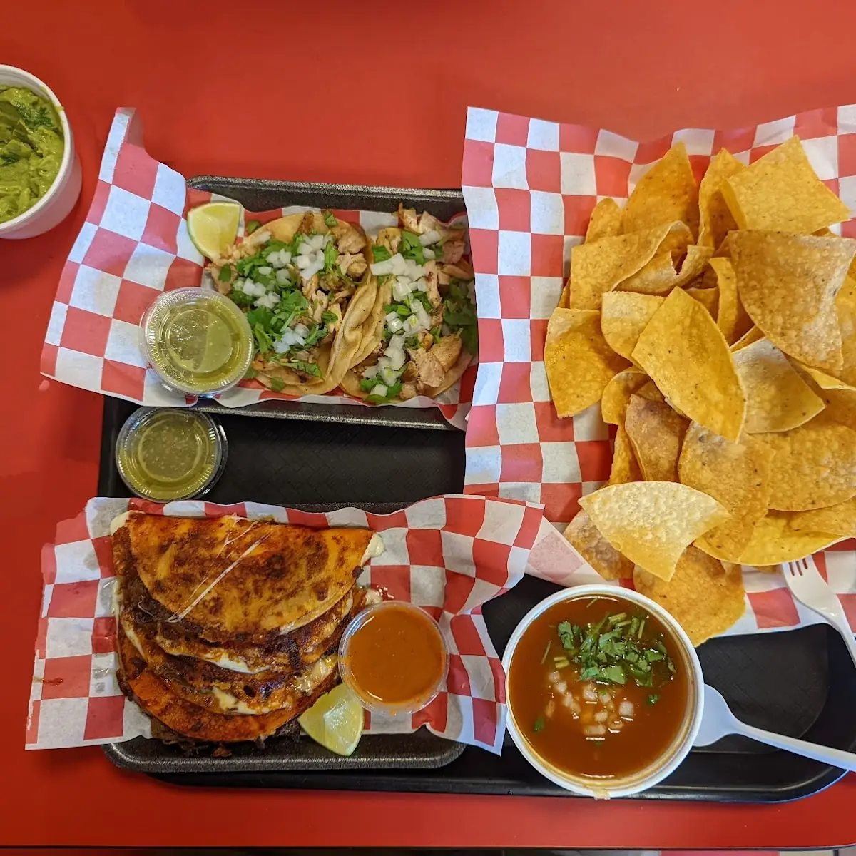 Birria Tacos Chicken Tacos Guacamole and Chips