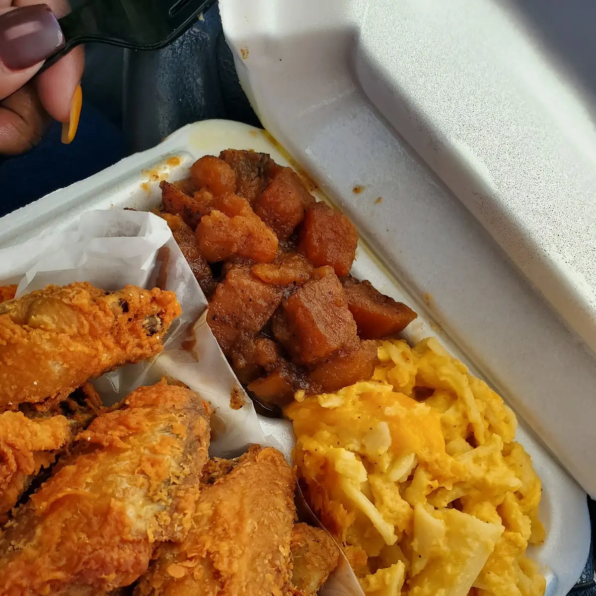 Fried Chicken Mac N Cheese Yams and Cornbread