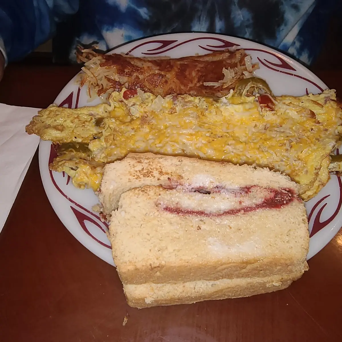 Vegetable Omelet with Raspberry Bread and Hash Browns