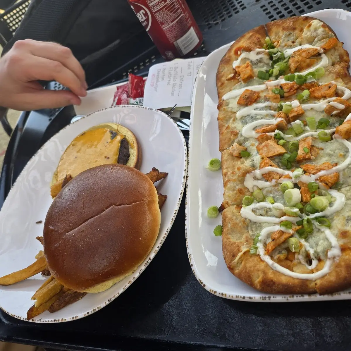 Buffalo Chicken Flatbread and Cheeseburger