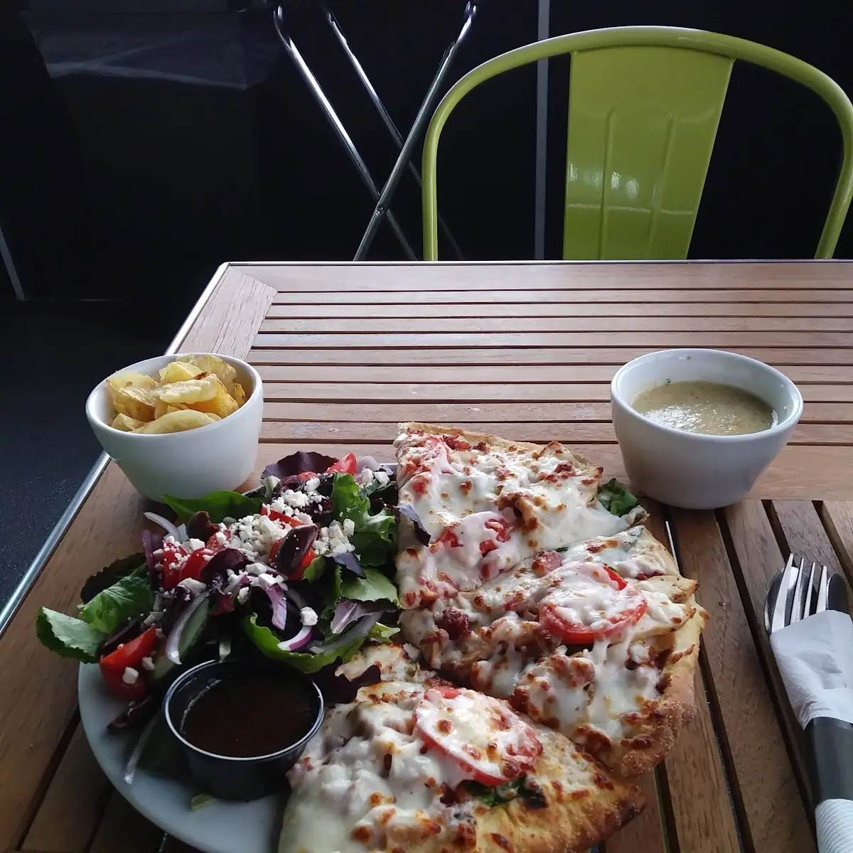 Tomato Basil Pizza and a Mediterranean Salad