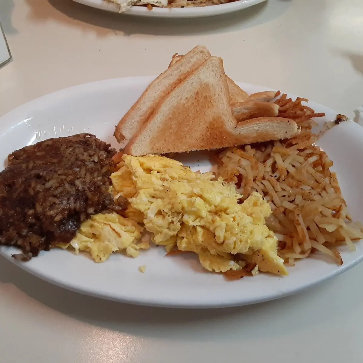 Liver Pudding Scrambled Eggs with Cheese Hash Browns and Toast