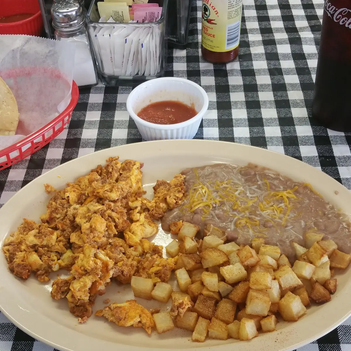 Chorizo and Eggs Potatoes and Refried Beans